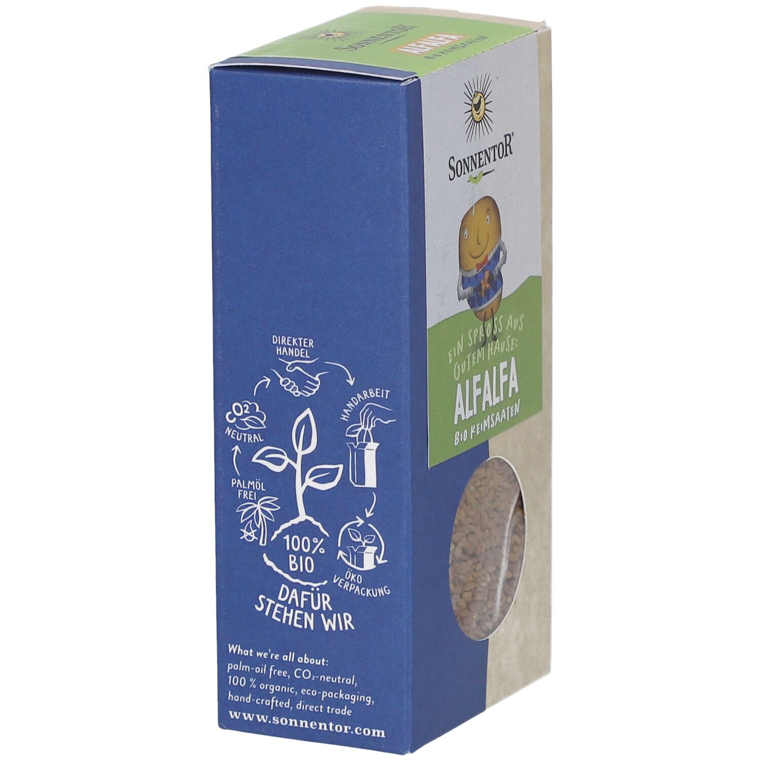 Verpackung mit Alfalfa Bio Keimsaaten. Blaue Seite mit Illustrationen und Text. Logo und Produktname Alfalfa.