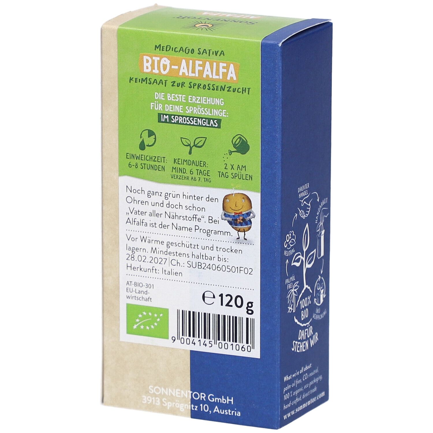 Rückseite der Verpackung mit Alfalfa Bio Keimsaaten. Text mit Informationen und Bio-Siegel. Gewicht 120g.