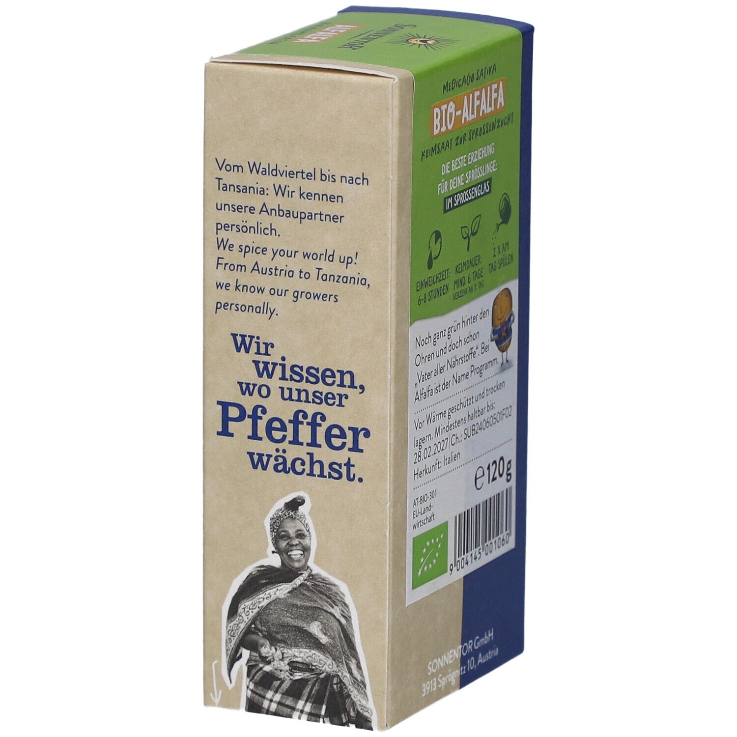 Verpackung mit Alfalfa Bio Keimsaaten. Seite mit Text und Logo. Bio-Siegel und Gewicht 120g.