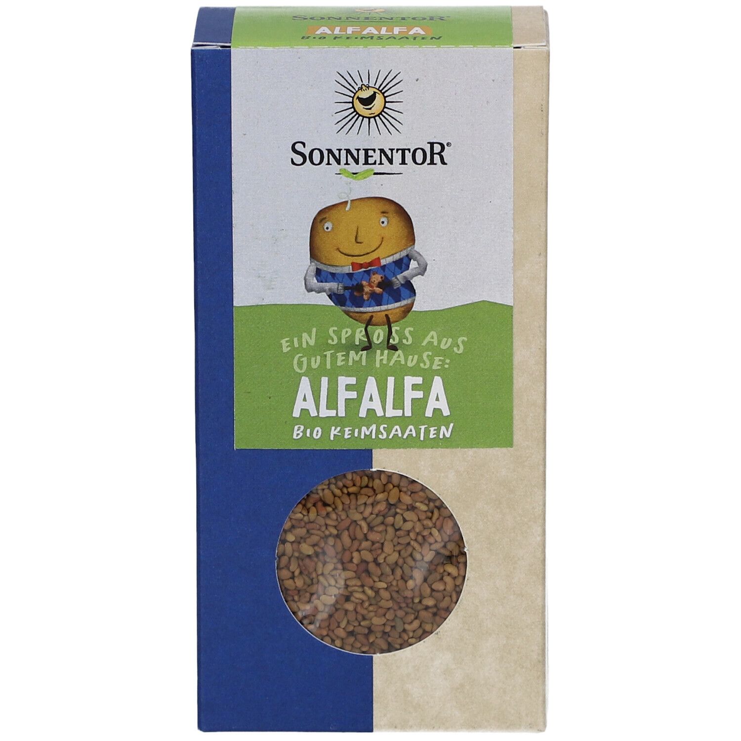 Verpackung mit Alfalfa Bio Keimsaaten. Sichtfenster zeigt Samen. Logo und Produktname Alfalfa.