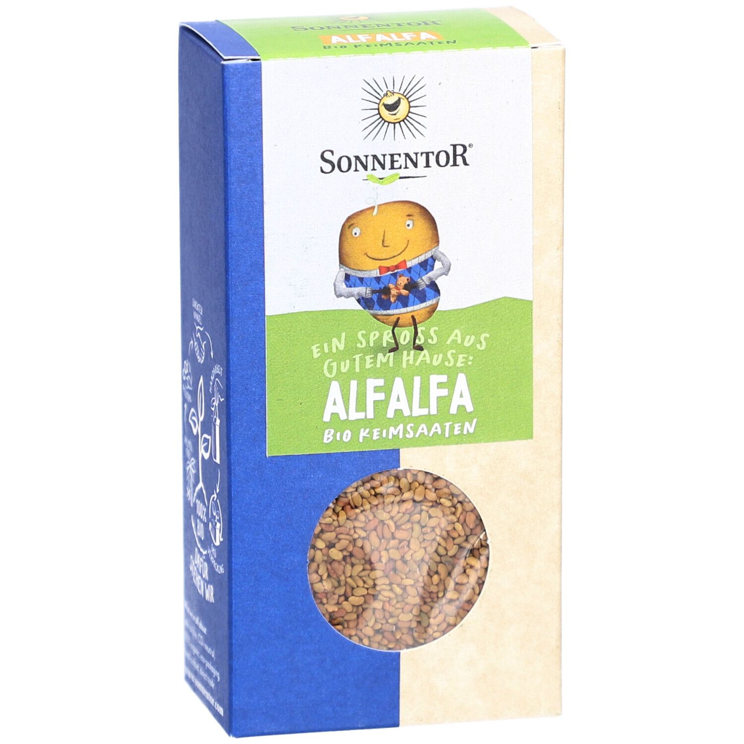 Verpackung mit Alfalfa Bio Keimsaaten. Sichtfenster zeigt Samen. Logo und Produktname Alfalfa.