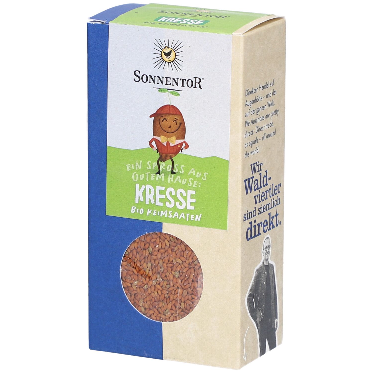 Kresse Bio Keimsaaten in rechteckiger Verpackung. Sichtfenster zeigt Samen. Marke Sonnentor, Logo mit Figur.