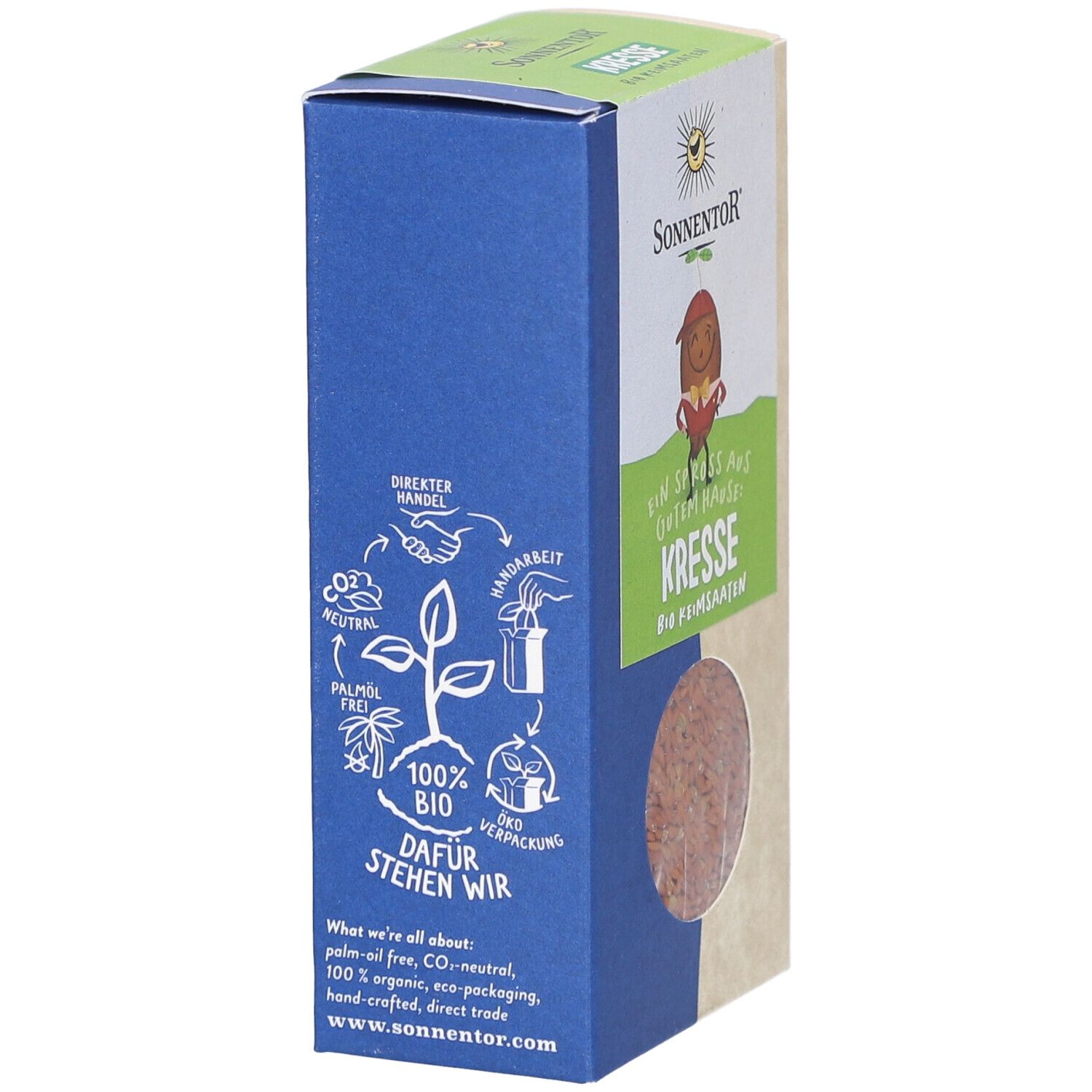 Blaue und beige rechteckige Verpackung. Text: 100% Bio, Palmölfrei, CO2-neutral. Logo mit Pflanze. Marke Sonnentor.