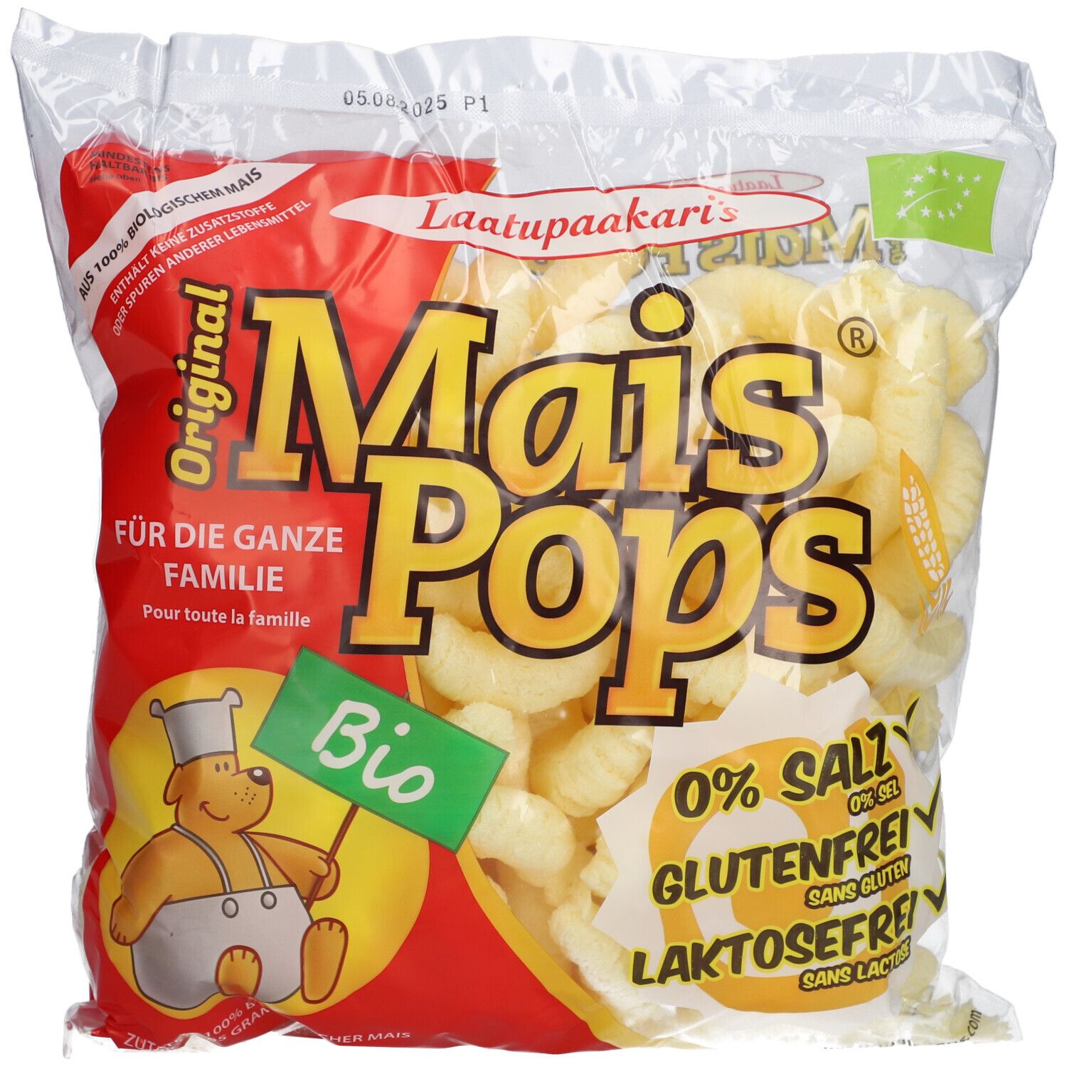 Transparente Tüte mit Mais Pops. Aufdruck: Mais Pops, Bio-Siegel, 0% Salz, glutenfrei, laktosefrei.