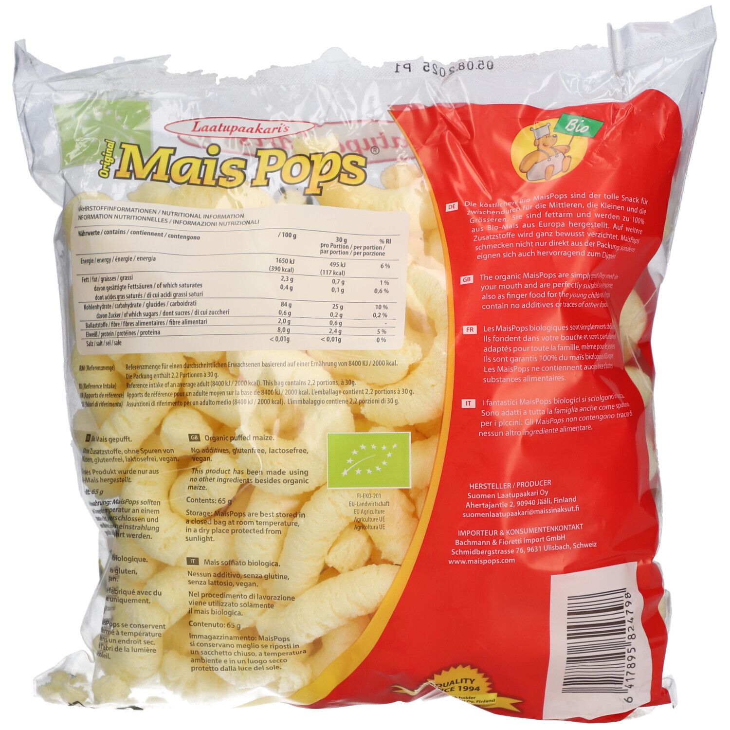 Rückseite der Mais Pops Verpackung. Enthält Nährwertangaben, Bio-Siegel und Herstellerinformationen.