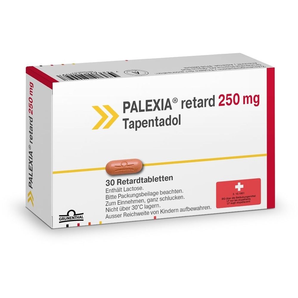 Boîte de comprimés PALEXIA retard 250 mg. Contient 30 comprimés. Inscription : Tapentadol. Emballage rouge et blanc avec logo et texte.