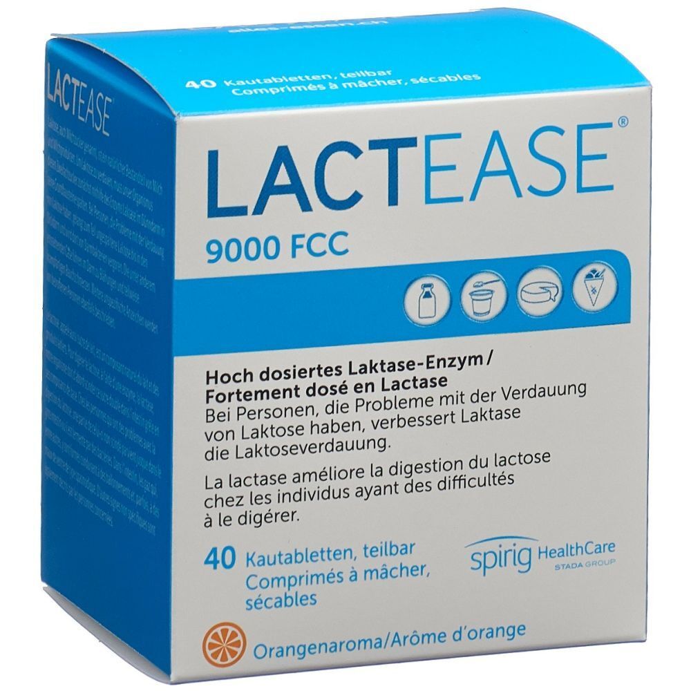 Blau-weiße Schachtel mit "Lactease 9000 FCC". Enthält 40 teilbare Kautabletten. Text in Deutsch und Französisch. Orangenaroma.