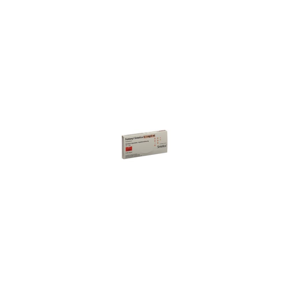 Karton mit Produktbeschriftung. Text: Fentanyl Sintetica Inj Lös 0.1 mg/2ml. Rote und graue Farbgebung. Kleines Format.