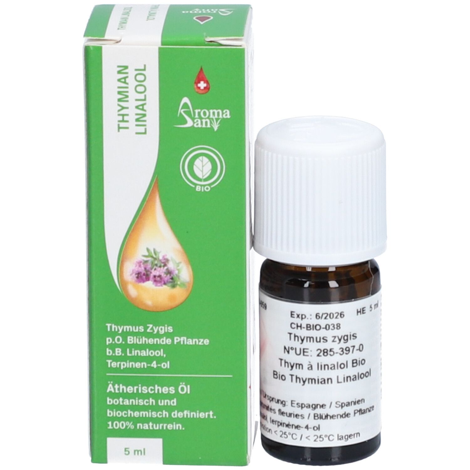 Braune Glasflasche mit weißem Deckel und grüne Schachtel. Aufdruck: Thymian Linalool, AromaSan, 5 ml.