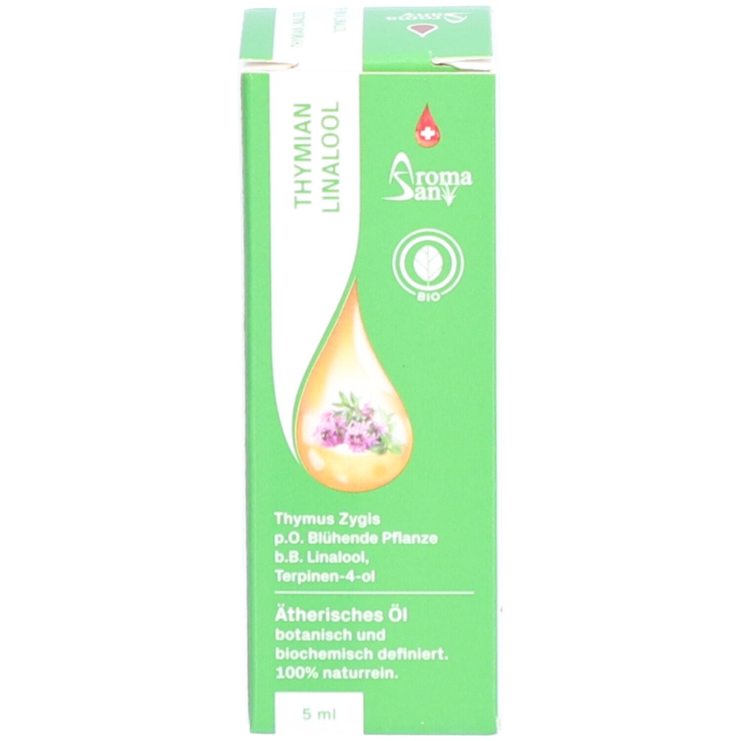 Grüne Schachtel mit weißem Deckel. Aufdruck: Thymian Linalool, AromaSan, 5 ml. Flasche nicht sichtbar.