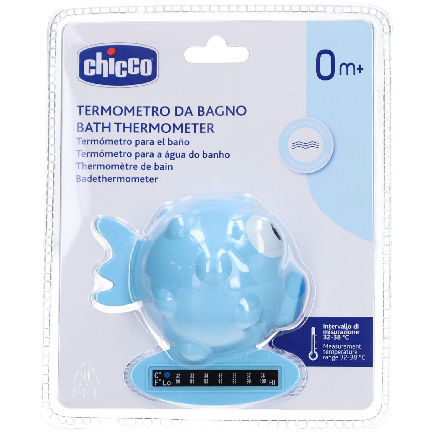 Blauw badthermometer in visvorm. Digitale temperatuurweergave. Verpakt in blisterverpakking met merklogo.
