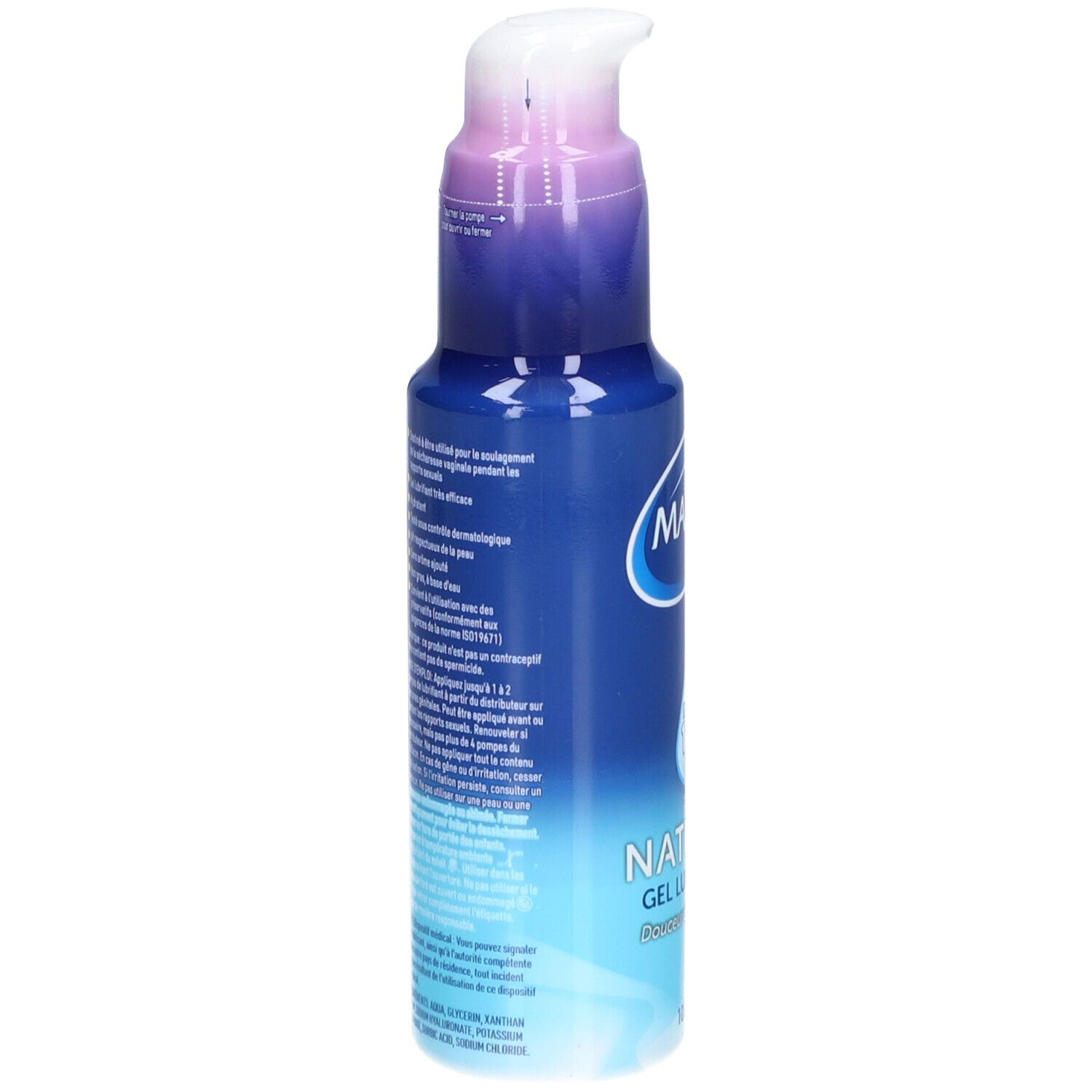 Blaue Flasche mit Text. Aufschrift MANIX, NATURAL GEL LUBRIFIANT. Text in Französisch.