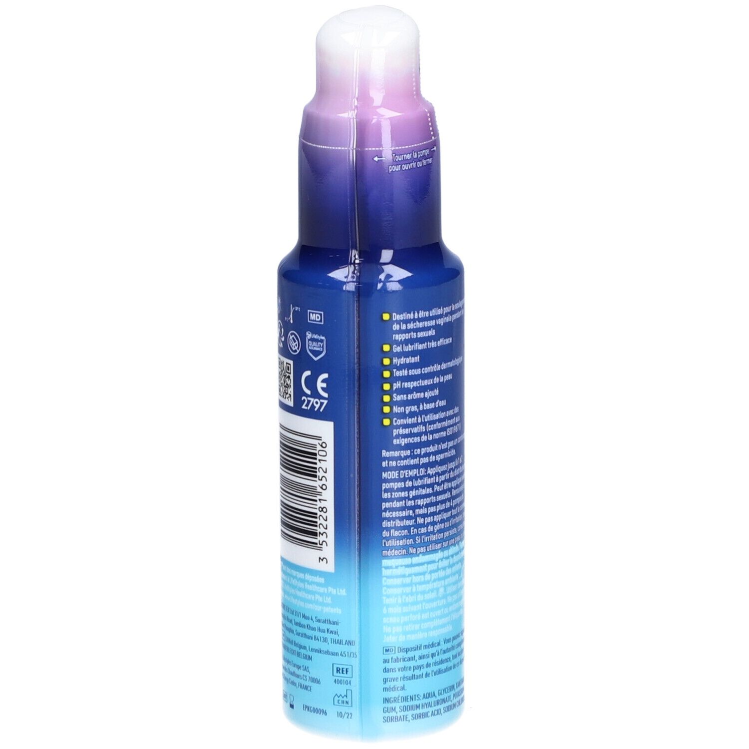 Blaue Flasche mit Text und Logos. Aufschrift MANIX, NATURAL GEL LUBRIFIANT. CE-Zeichen.