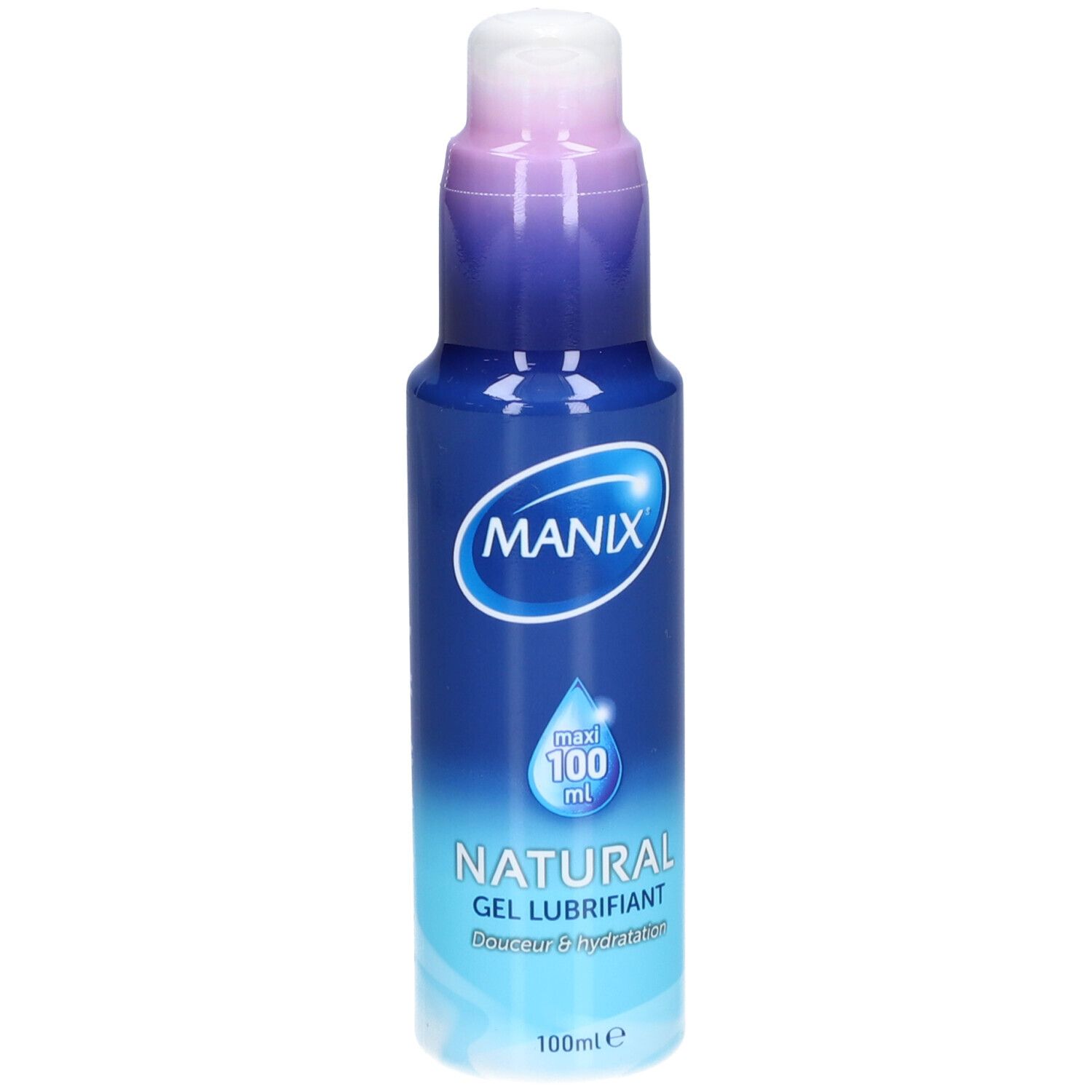 Blaue Flasche mit weißem Pumpkopf. Aufschrift MANIX, NATURAL GEL LUBRIFIANT, 100 ml.