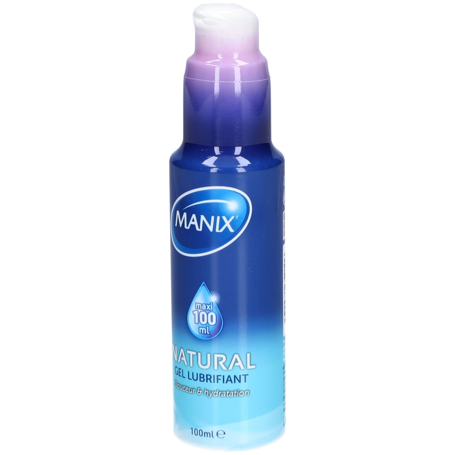 Blaue Flasche mit weißem Pumpkopf. Aufschrift MANIX, NATURAL GEL LUBRIFIANT, 100 ml.