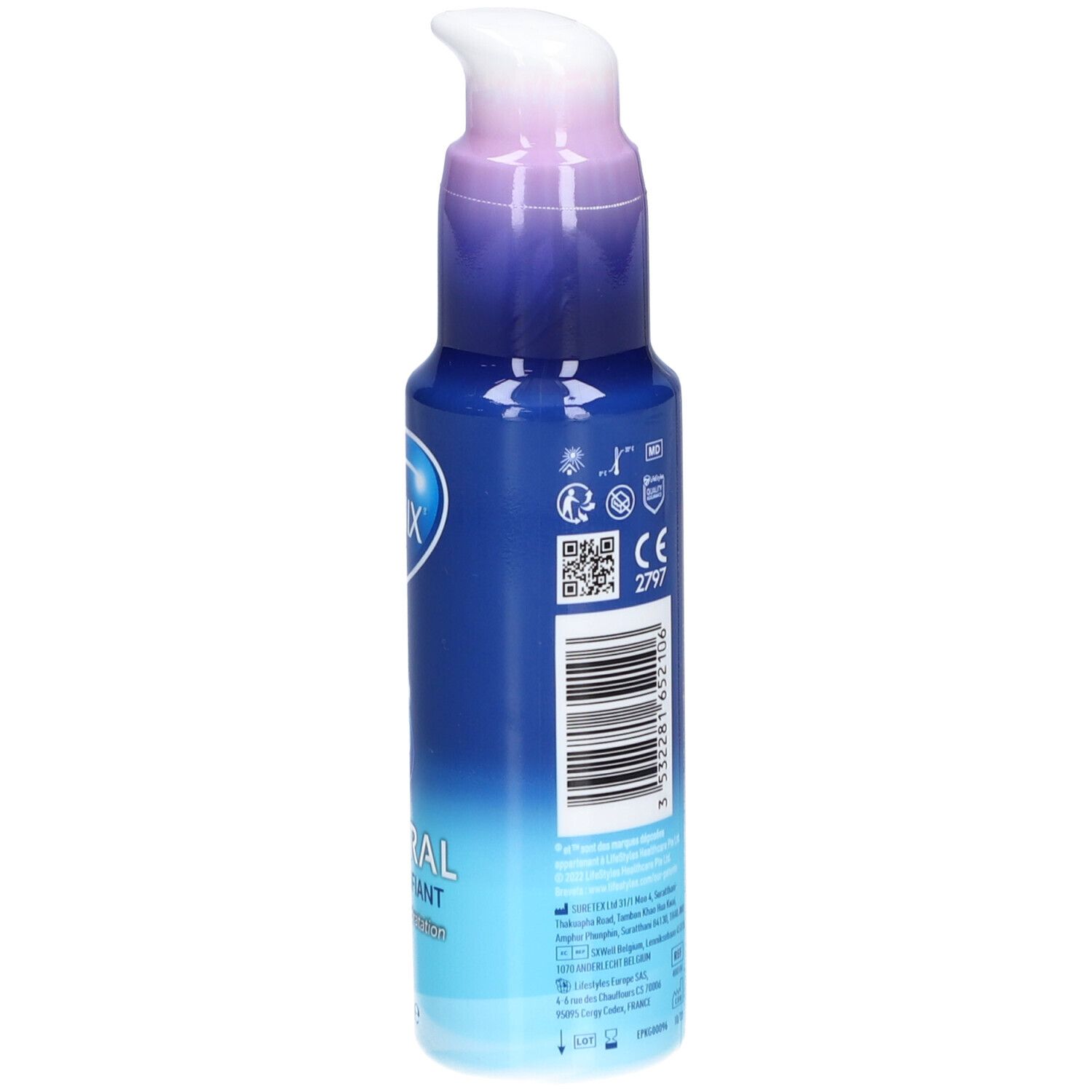 Blaue Flasche mit Text und Logos. Aufschrift MANIX, NATURAL GEL LUBRIFIANT. CE-Zeichen.