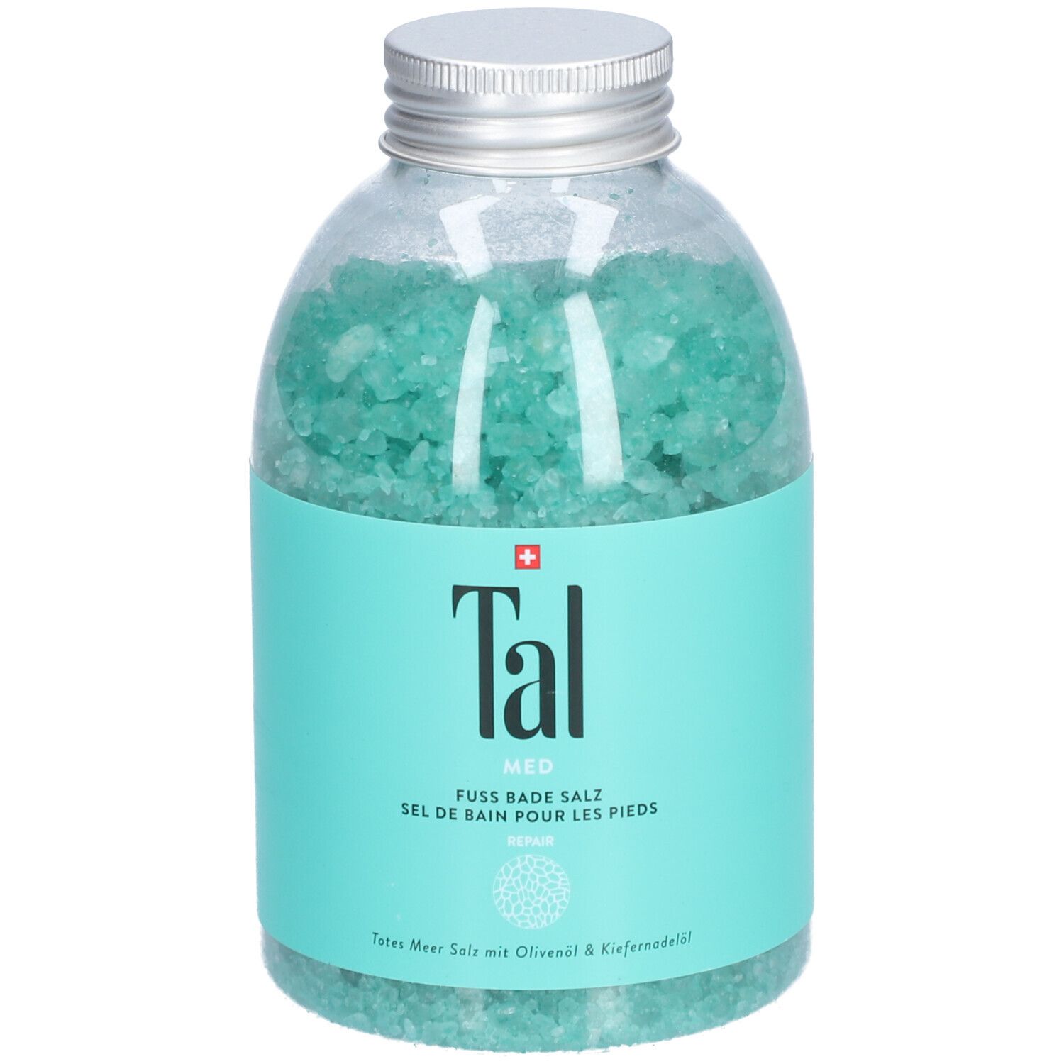 Flacon transparent rempli de cristaux bleu-vert. Étiquette turquoise avec texte blanc: Tal, Sel de bain pour les pieds, Med.