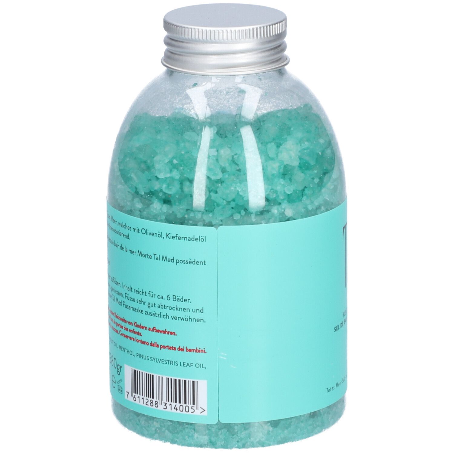Vue arrière du flacon avec cristaux bleu-vert. Étiquette turquoise avec texte et ingrédients. Bouchon à vis argenté.