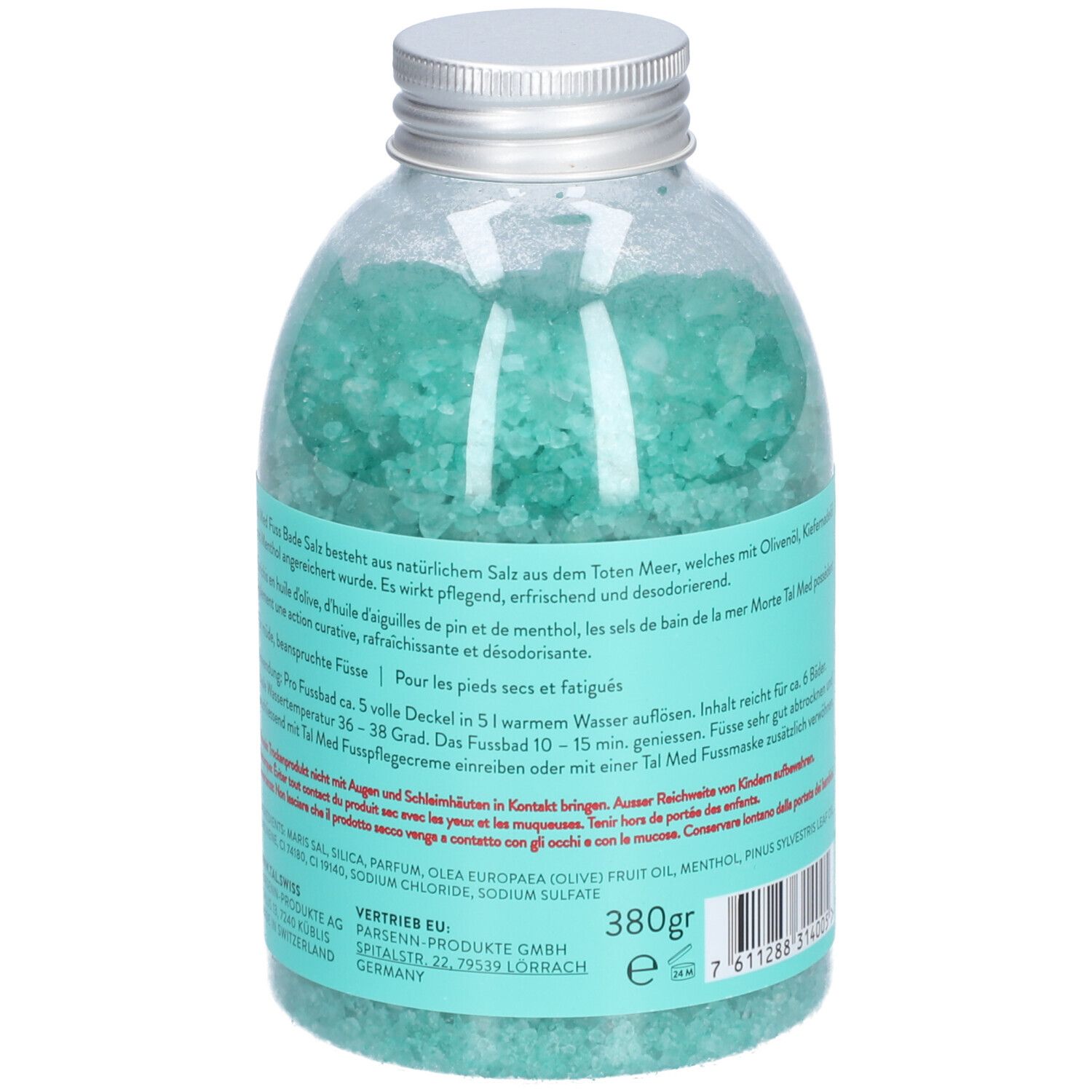 Flacon avec cristaux bleu-vert. Étiquette turquoise avec texte. Bouchon à vis argenté. 380g. Texte en allemand et français.