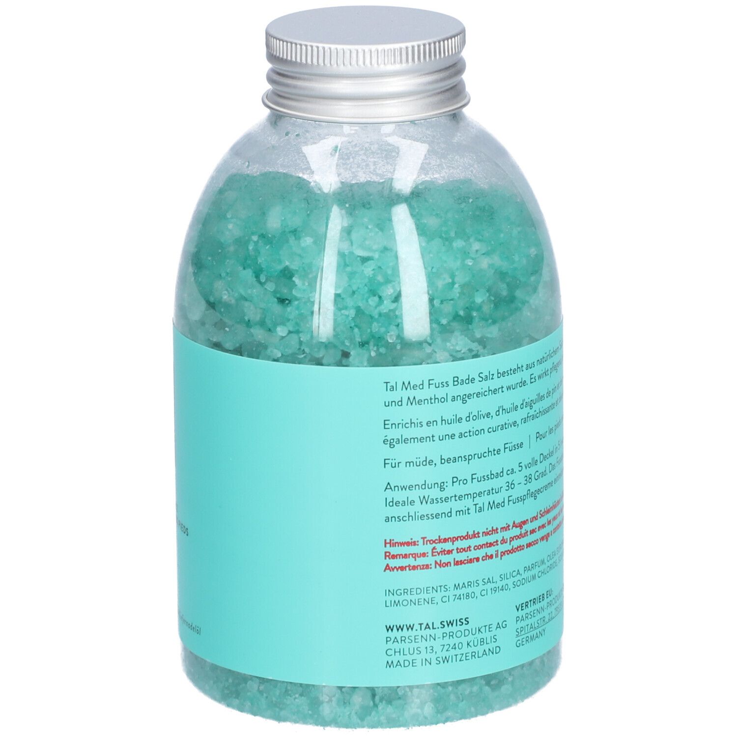 Vue arrière du flacon avec cristaux bleu-vert. Étiquette turquoise avec texte et ingrédients. Bouchon à vis argenté.