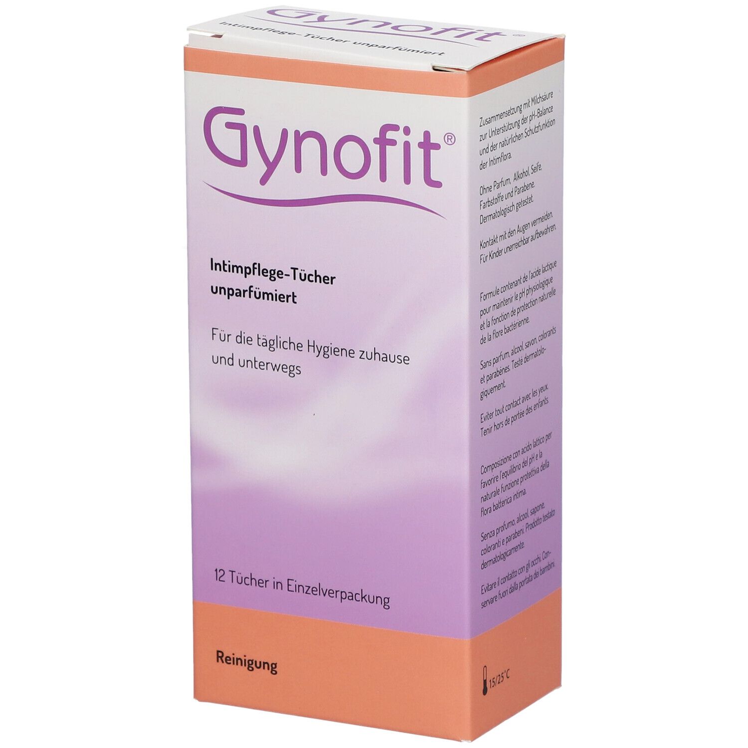 Gynofit®-Box mit Reinigungstüchern. 12 Tücher in Einzelverpackung. Unparfümiert. Für tägliche Intimpflege.