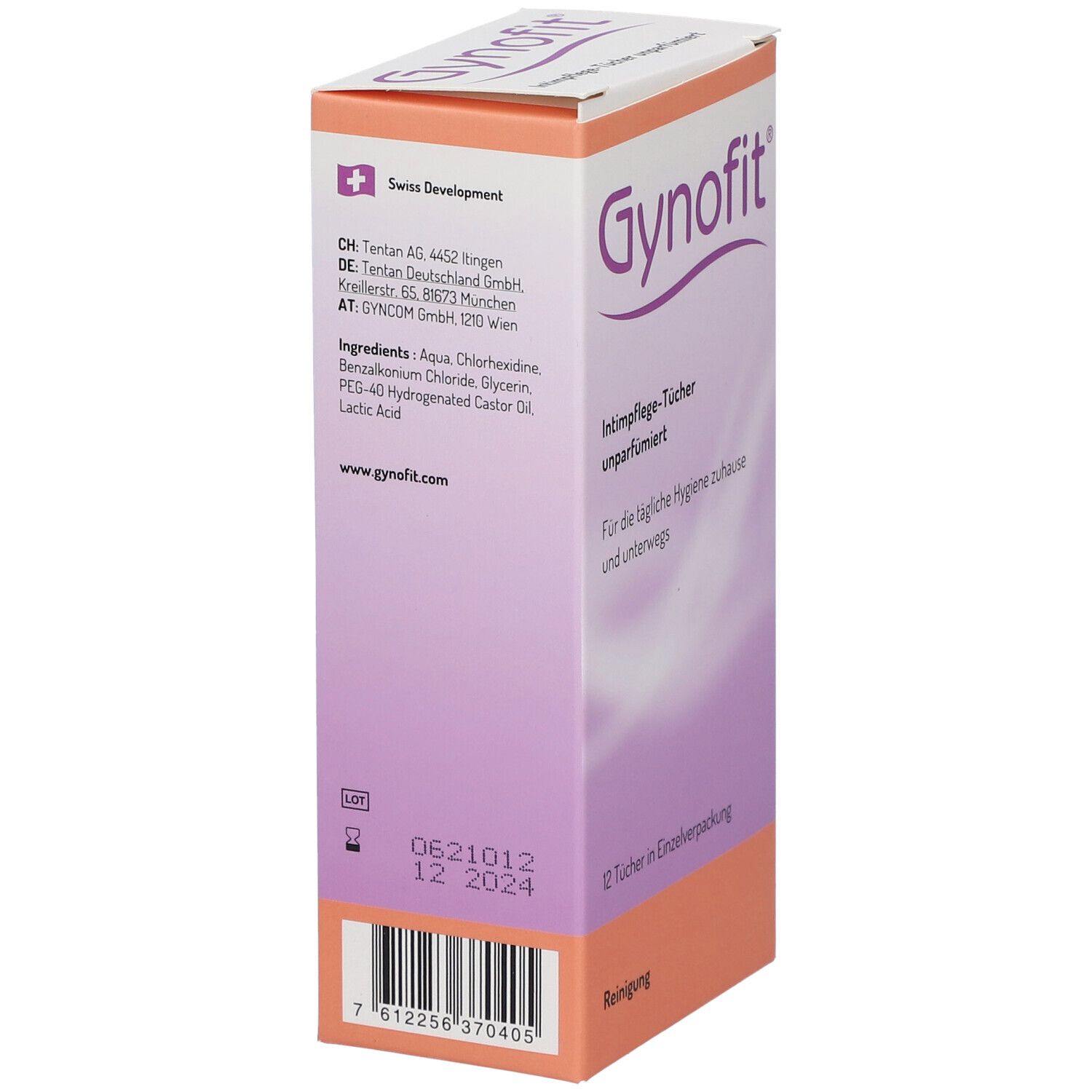 Gynofit®-Box, Seitenansicht. Enthält 12 Reinigungstücher. Inhaltsstoffe: Aqua, Chlorhexidin, etc. Swiss Development.