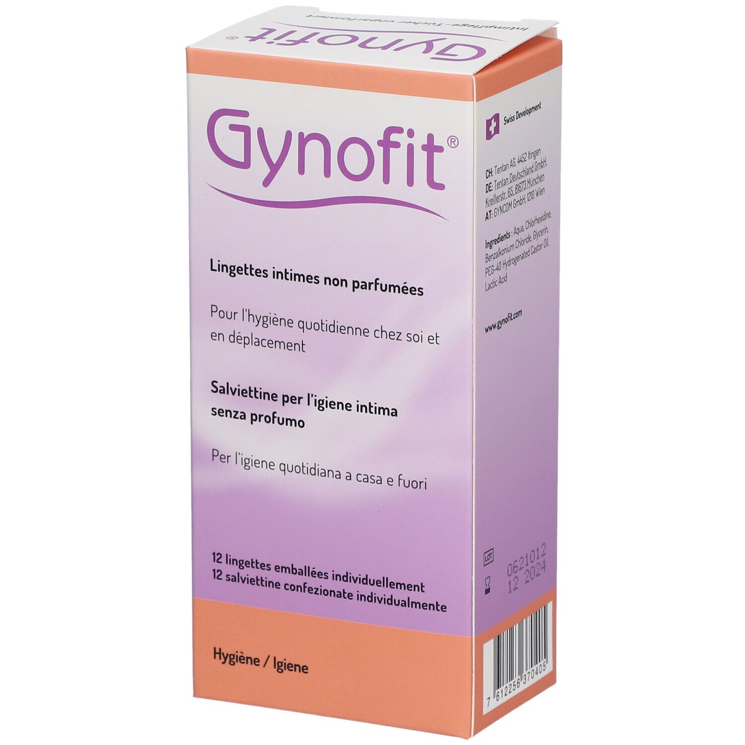 Gynofit®-Box mit Text in Deutsch, Französisch und Italienisch. 12 einzeln verpackte Tücher. Für tägliche Hygiene.