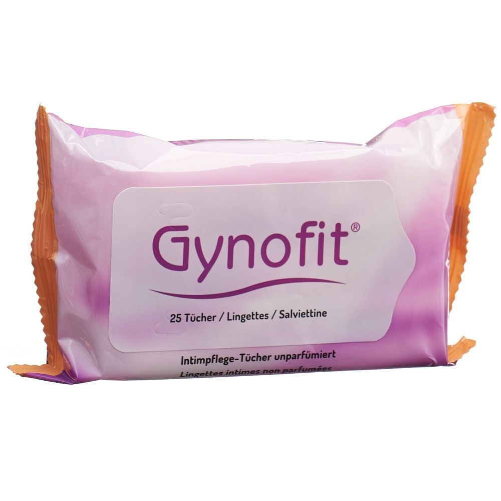 Verpackung mit Intimpflege-Tüchern. Aufdruck: Gynofit, 25 Tücher, unparfümiert. Rosa-weiß-orangefarbenes Design.