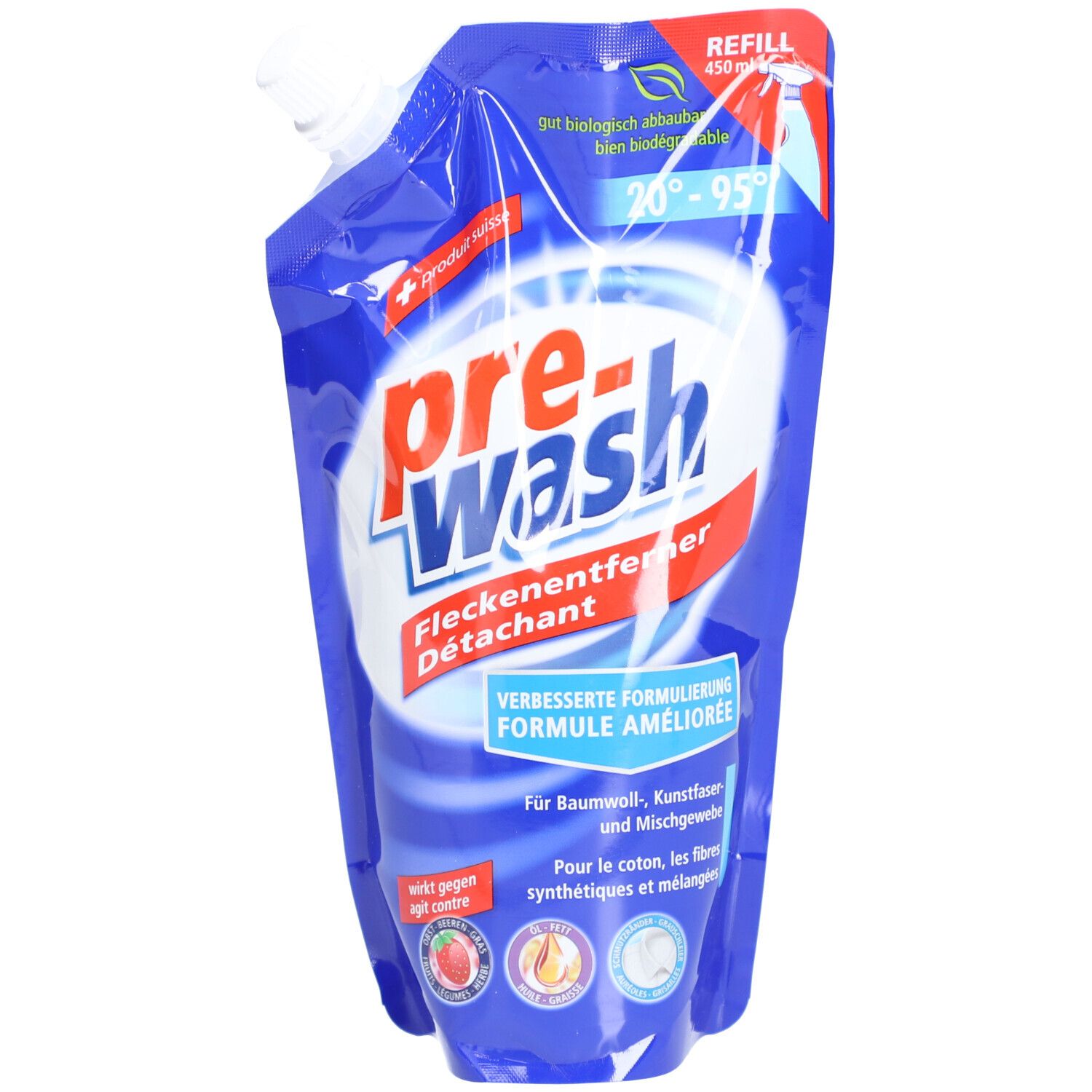 Recharge bleue avec logo blanc et rouge "pre-wash Fleckenentferner". "REFILL" en haut à droite. "Produkt noble" en haut à gauche.