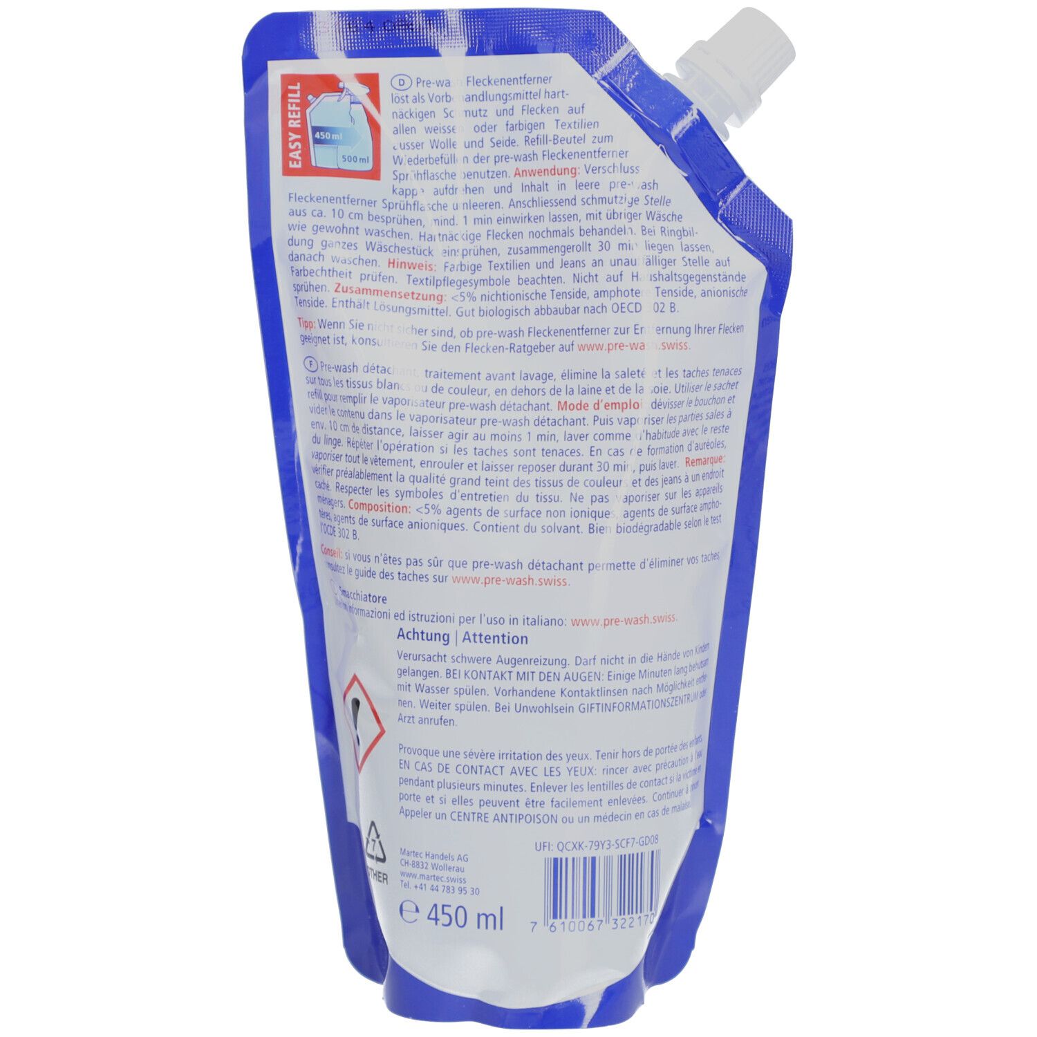 Dos de la recharge bleue. Texte en allemand, français et italien. "EASY REFILL" en haut à gauche. "e 450 ml" en bas à gauche.
