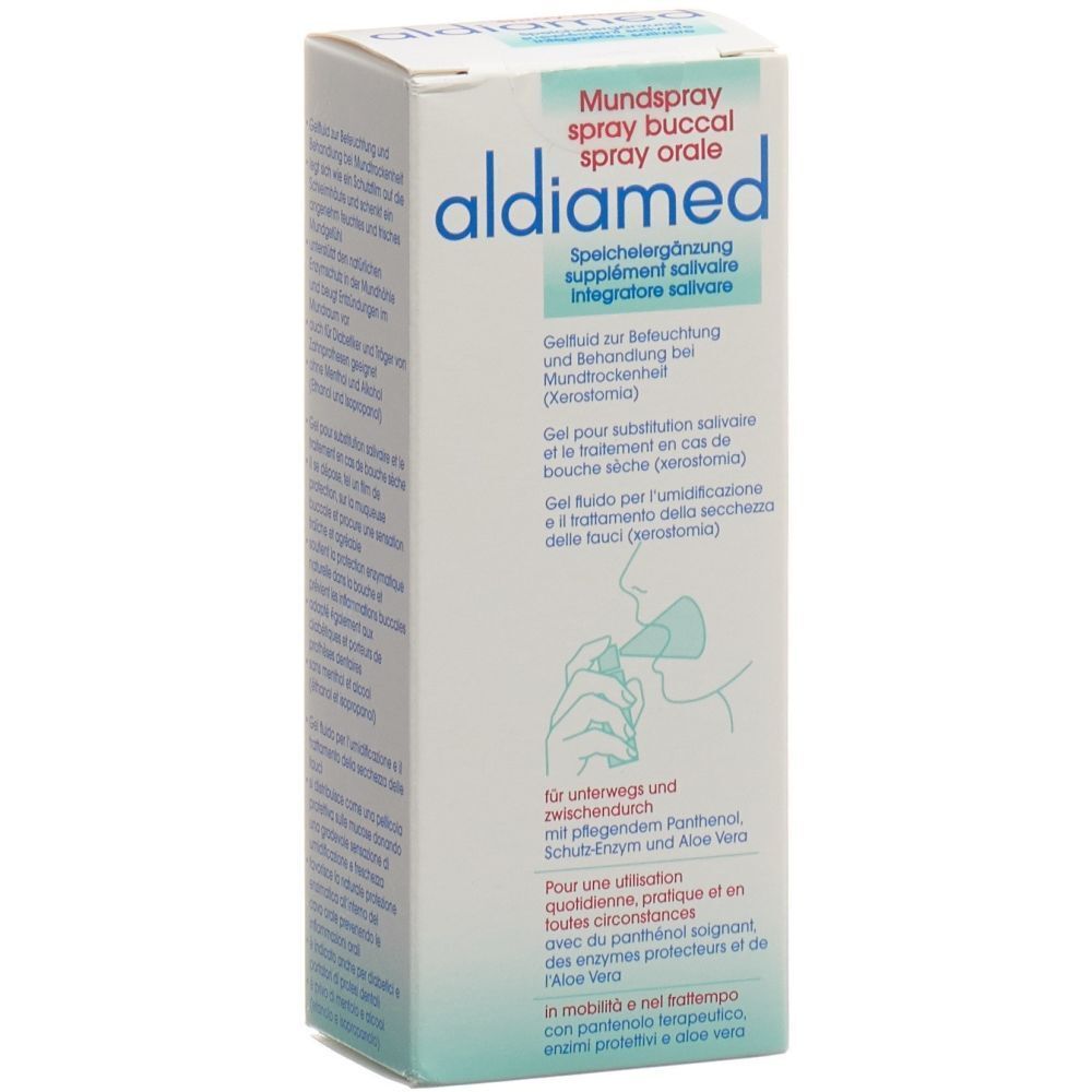 Weiße Schachtel mit aldiamed Mundspray. Aufdrucke in Deutsch, Französisch und Italienisch. Illustration einer Person, die sprüht.
