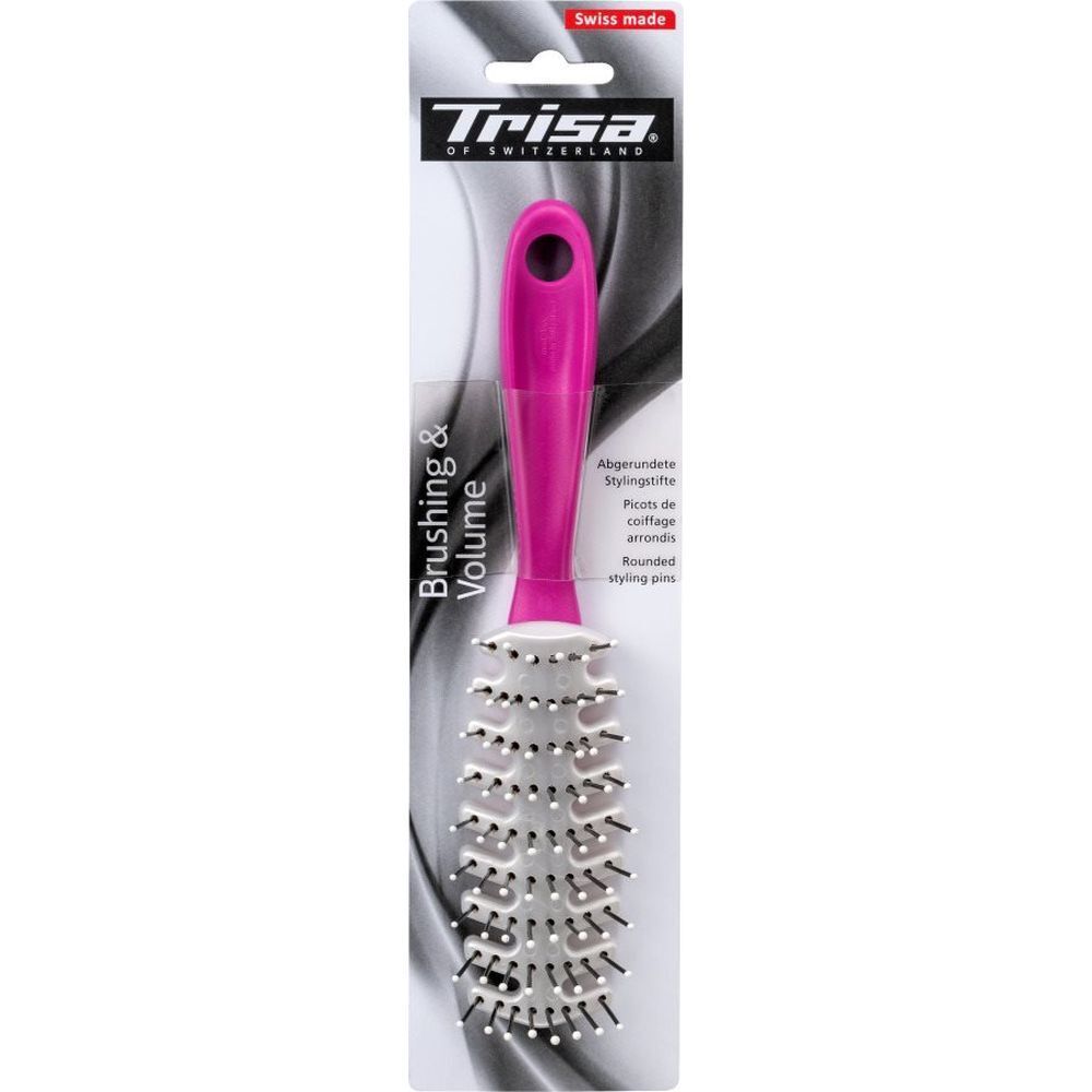 Stylingbürste mit pinkfarbenem Griff. Abgerundete Stylingstifte. Marke Trisa.