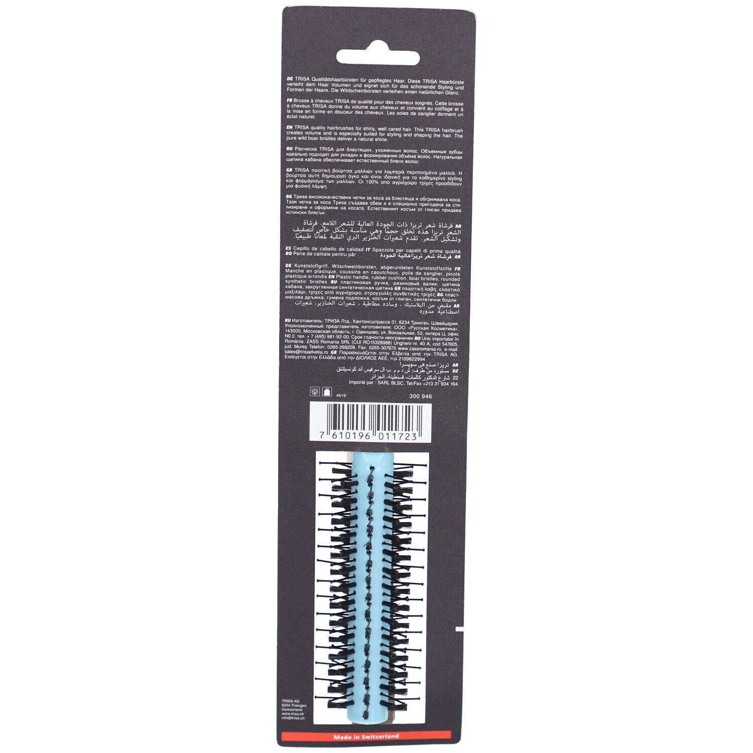 Runde Stylingbürste, Rückseite. Hellblauer Griff, schwarze Borsten. Text auf Verpackung, Barcode.