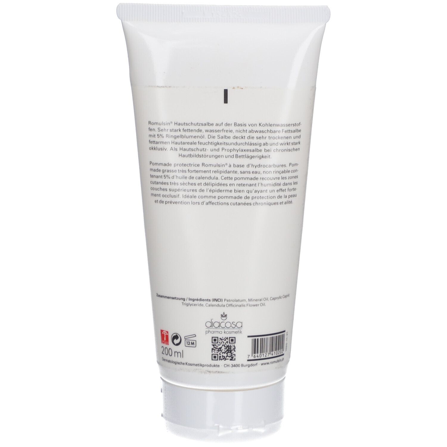 Rückseite der Creme-Tube mit Text und Inhaltsangaben. Herstellerinformationen und QR-Code.