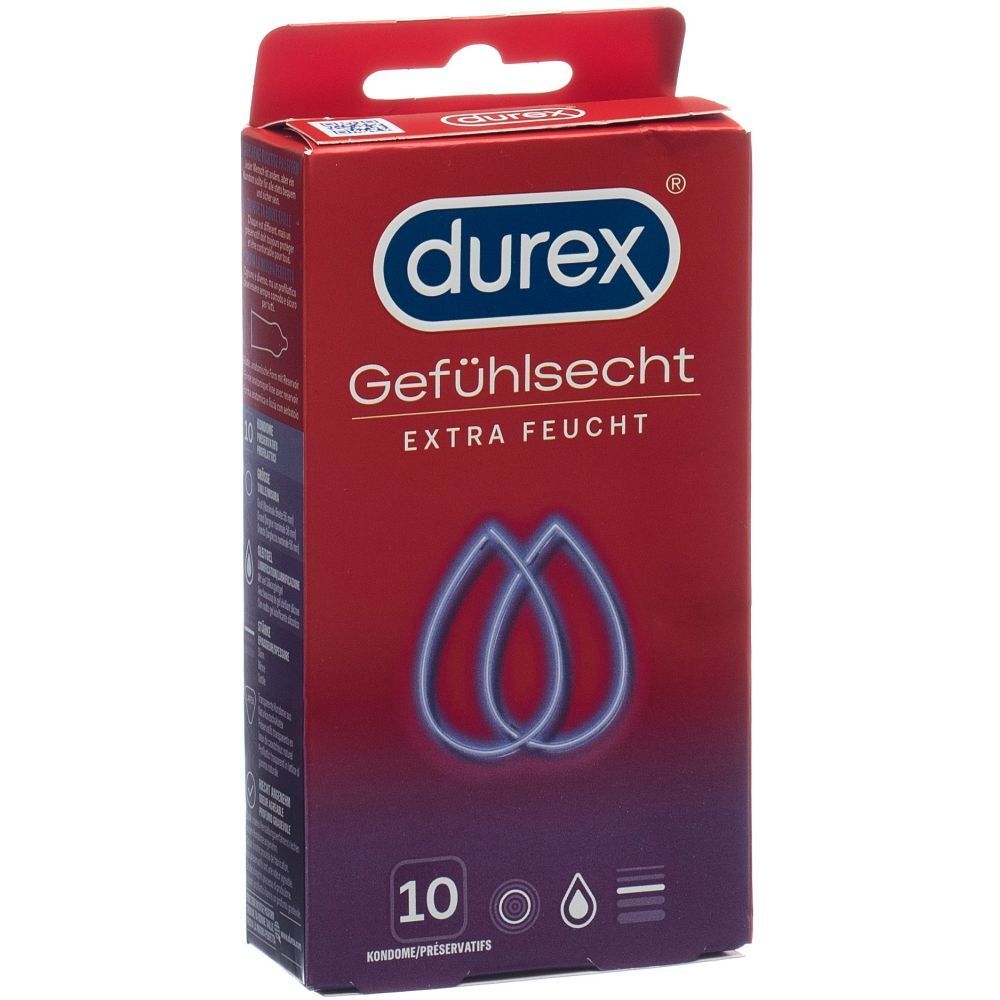 Durex-Verpackung. Gefühlsecht Extra Feucht. 10 Kondome. Blaue Tropfen-Grafik. Rote und blaue Farbgebung.