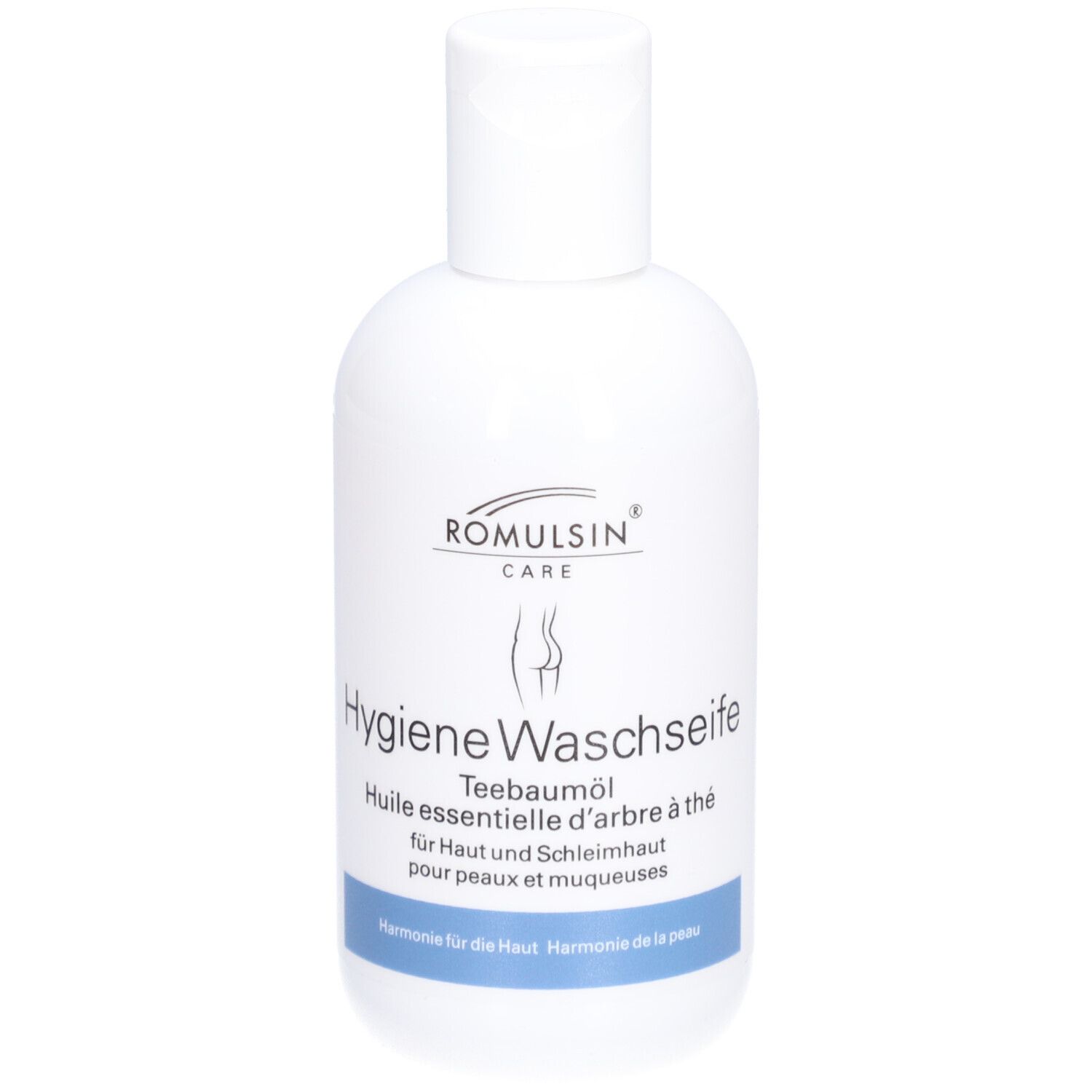 Weiße Flasche mit Klappverschluss. Beschriftung: ROMULSIN CARE, Hygiene Waschseife, Teebaumöl. Blaue Leiste mit Text.