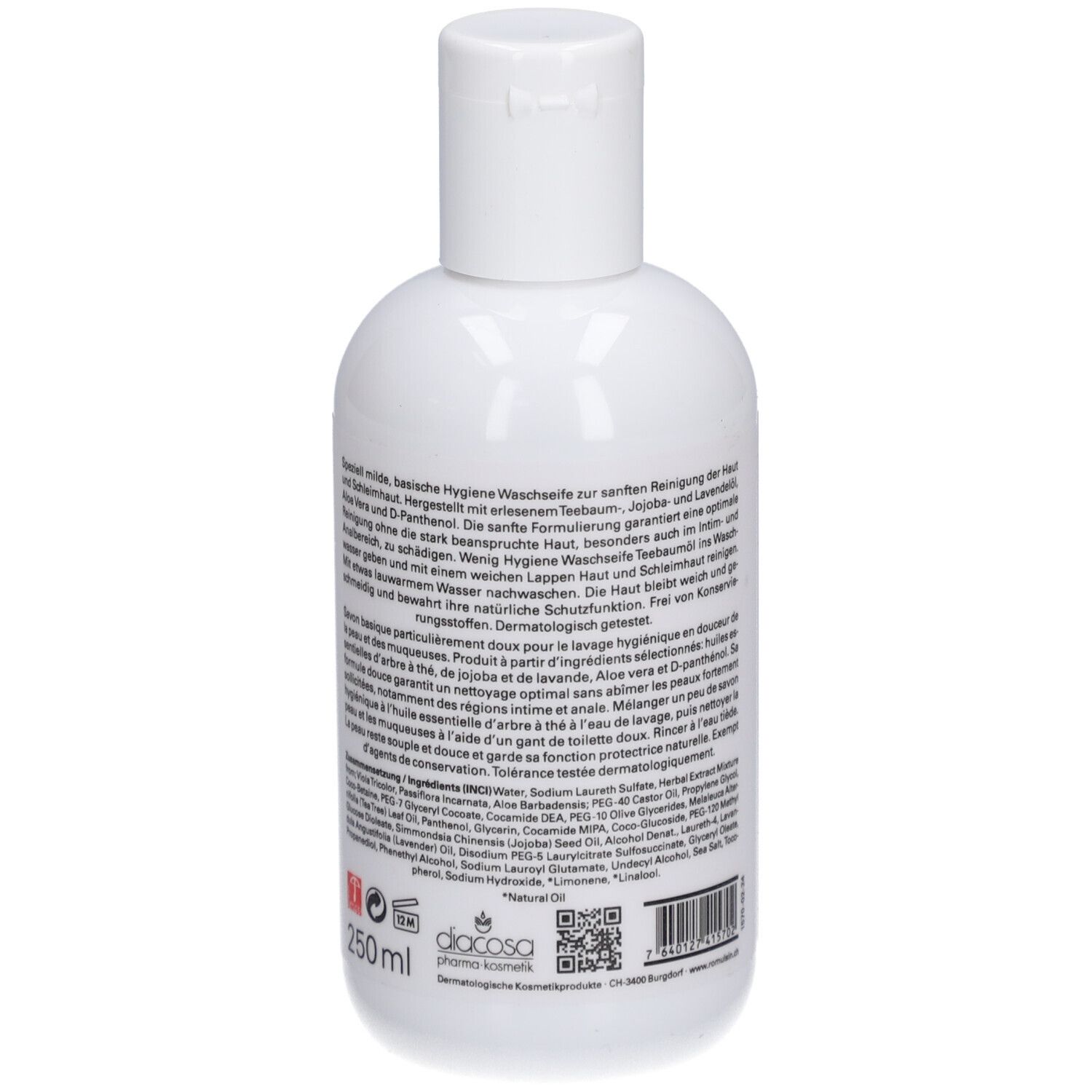 Weiße Flasche mit Klappverschluss. Rückseite mit Text, Inhaltsstoffen und 250ml. ROMULSIN CARE, Hygiene Waschseife, Teebaumöl.
