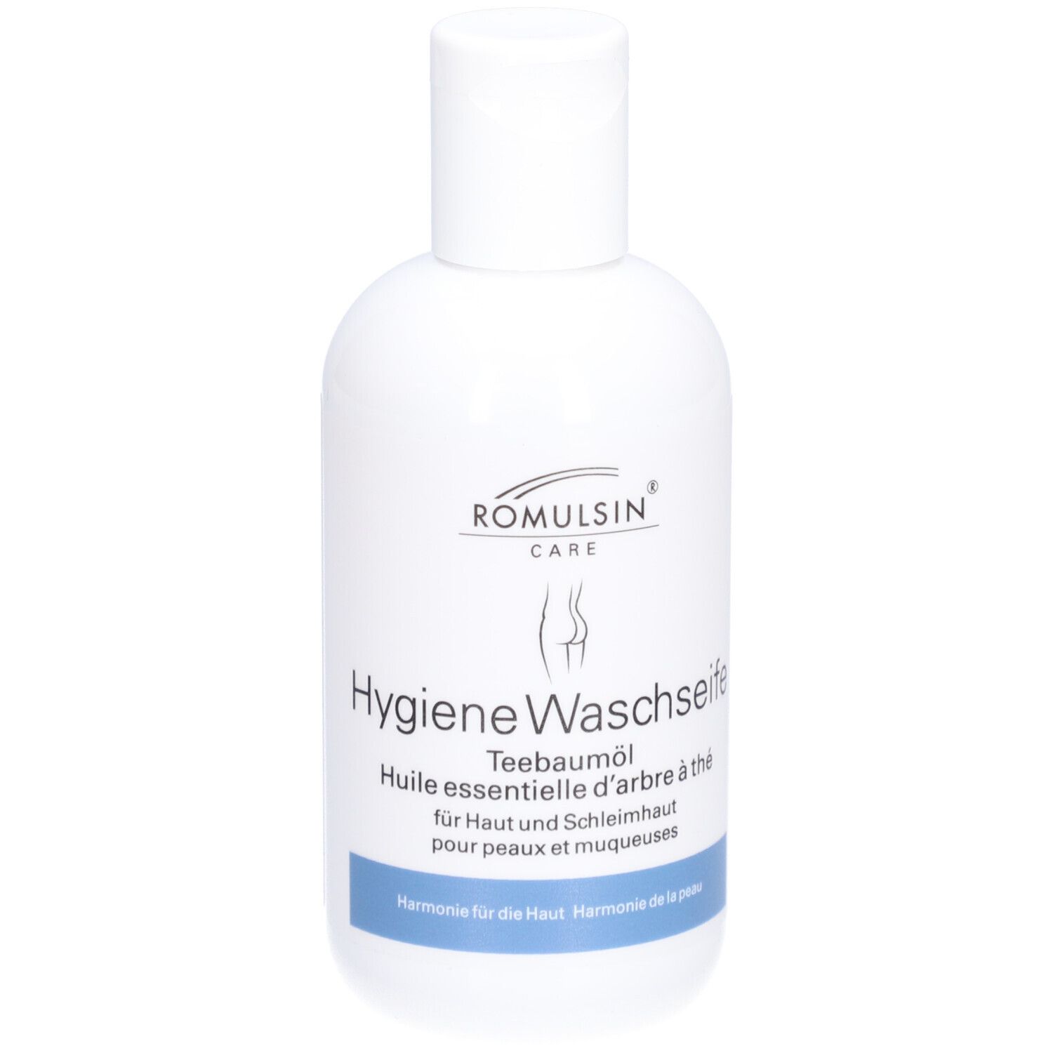 Weiße Flasche mit Klappverschluss. Beschriftung: ROMULSIN CARE, Hygiene Waschseife, Teebaumöl. Blaue Leiste mit Text.