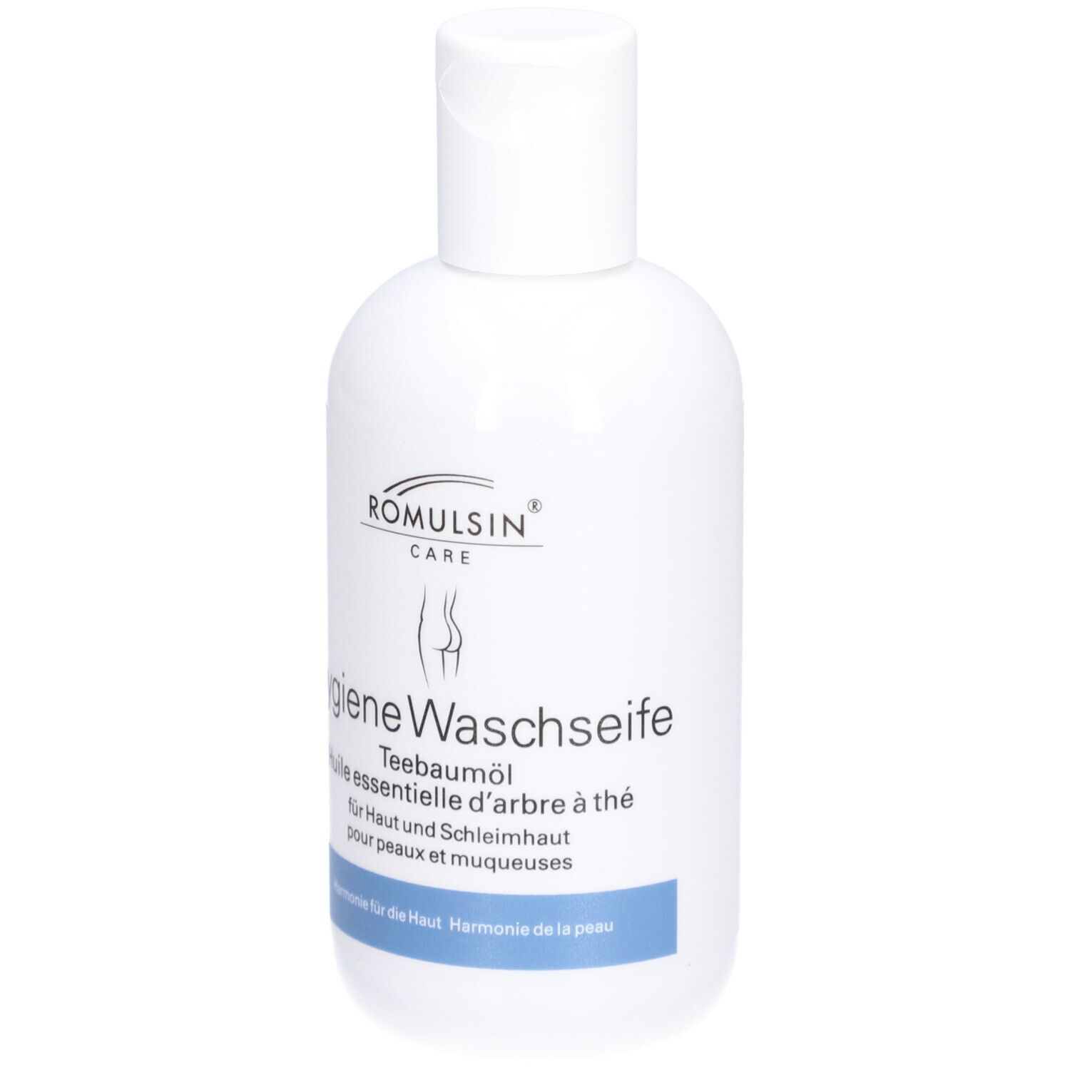 Weiße Flasche mit Klappverschluss. Beschriftung: ROMULSIN CARE, Hygiene Waschseife, Teebaumöl. Blaue Leiste mit Text.