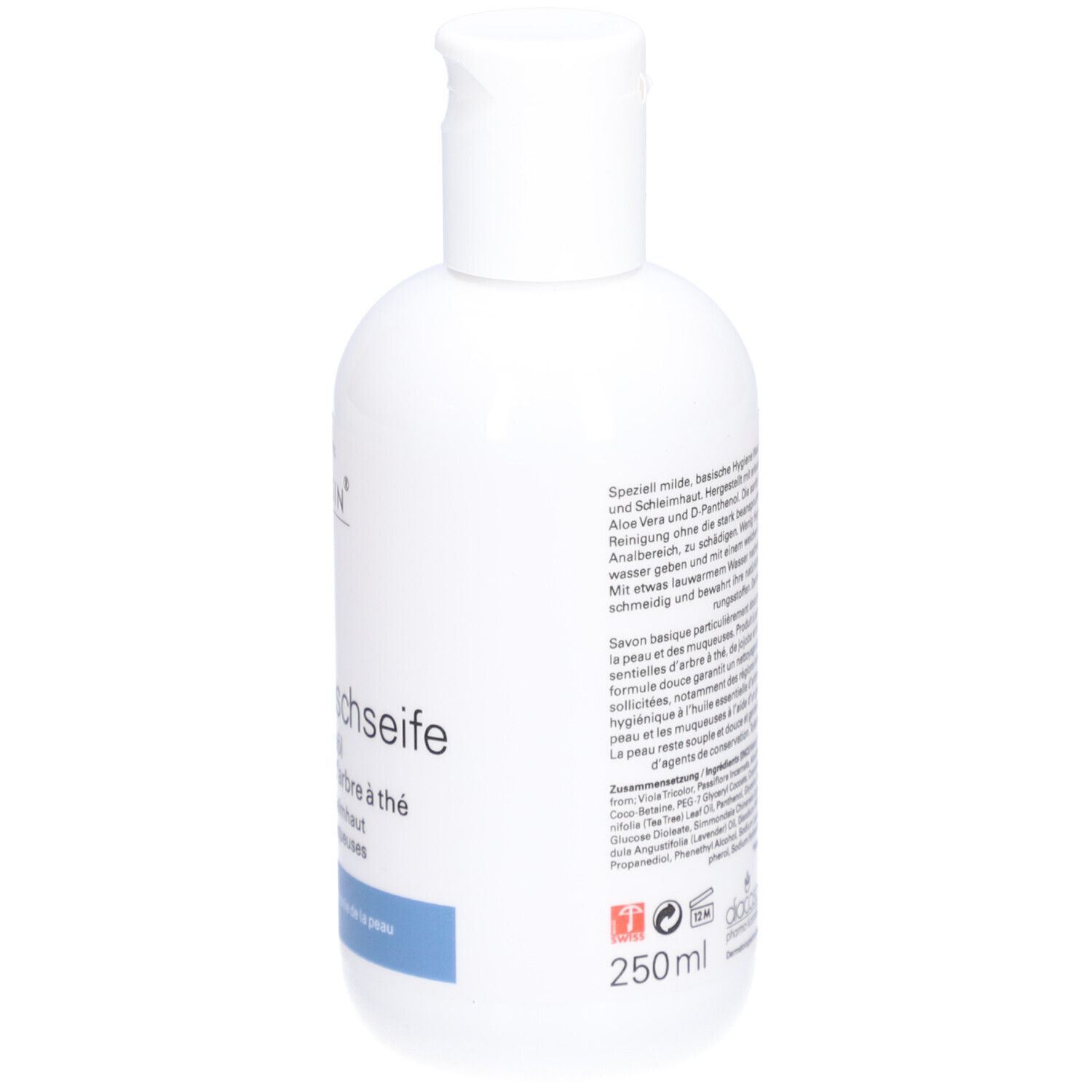 Weiße Flasche mit Klappverschluss. Rückseite mit Text und 250ml. ROMULSIN CARE, Hygiene Waschseife, Teebaumöl.