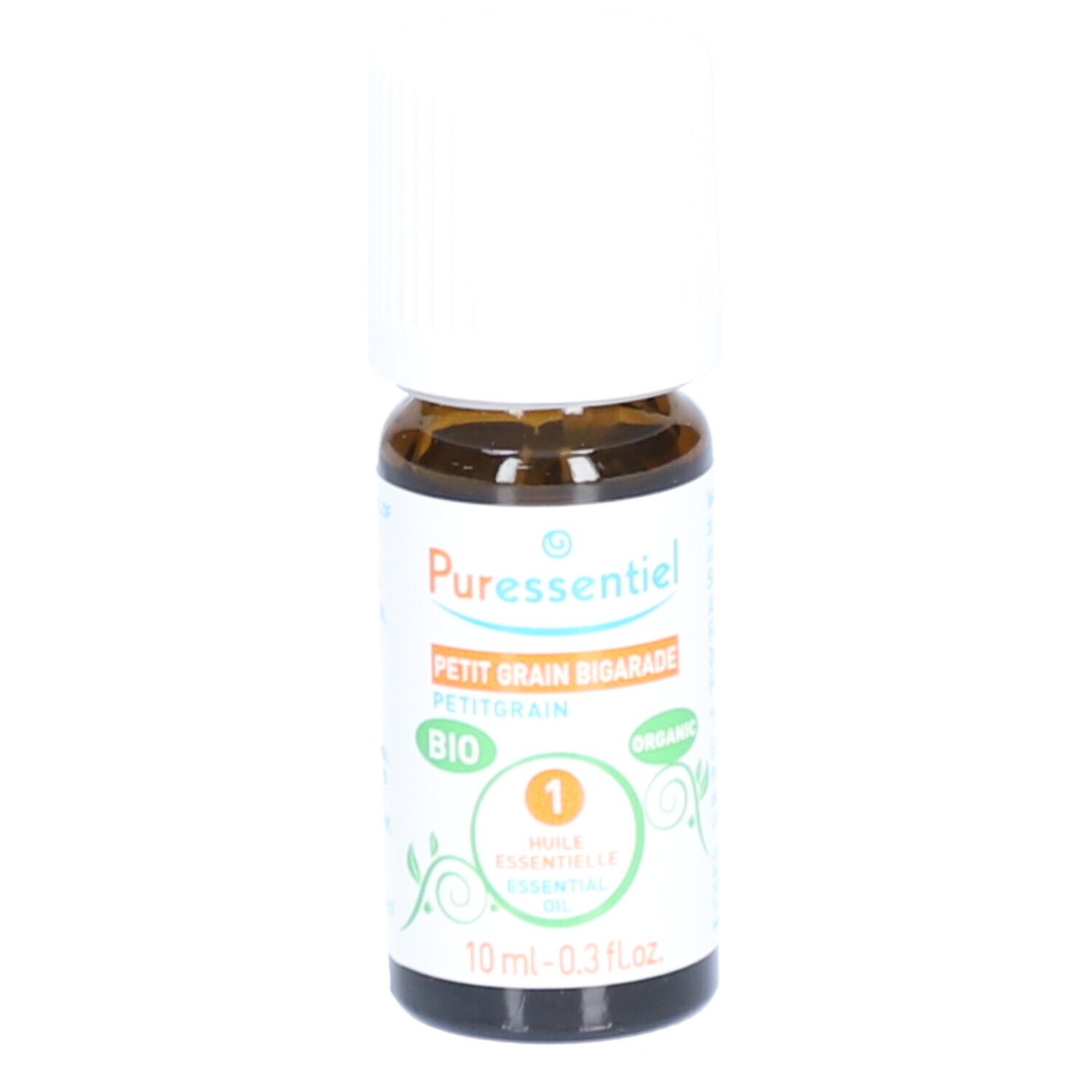Braune Glasflasche mit weißem Deckel. Etikett mit Produktnamen, BIO-Siegel und Inhaltsangaben. 10 ml.