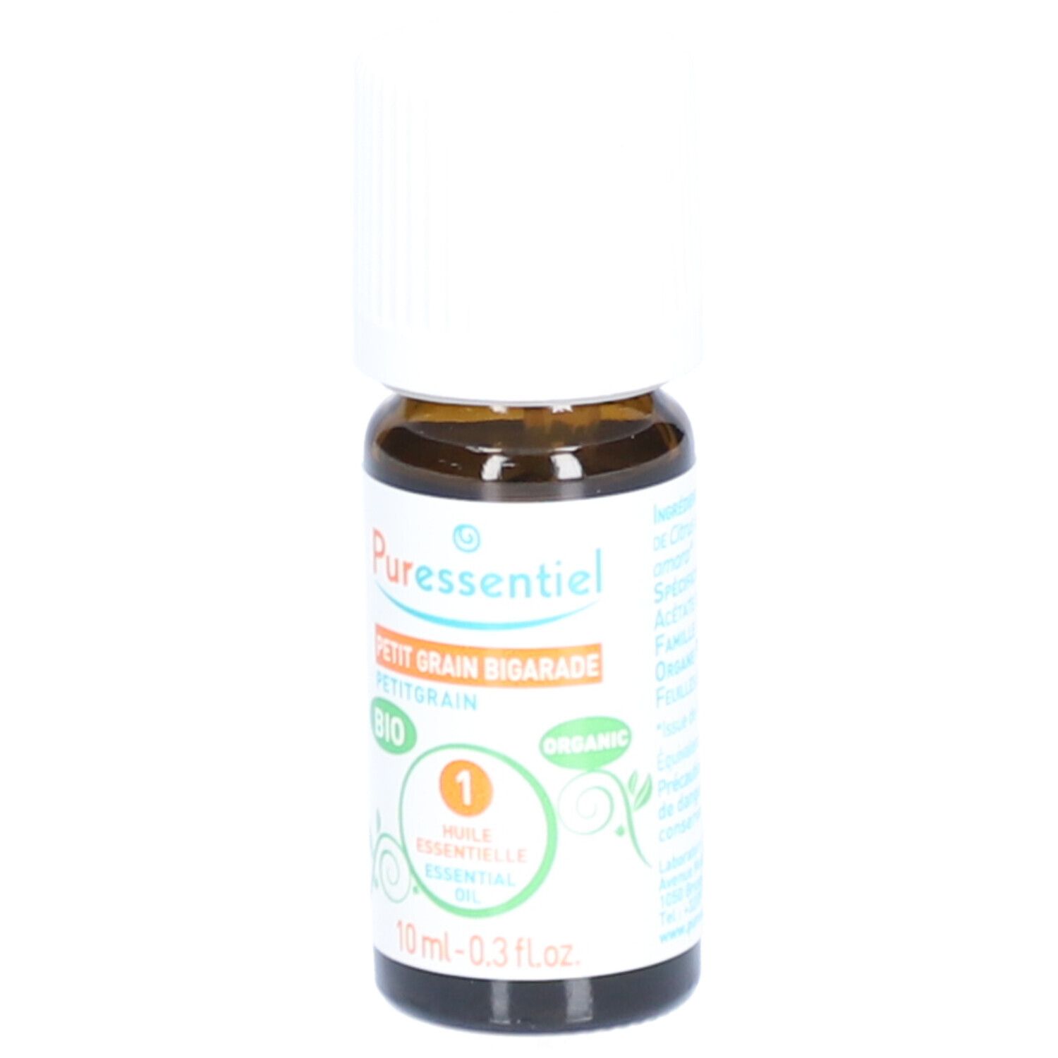Braune Glasflasche mit weißem Deckel. Etikett mit Produktnamen, BIO-Siegel und Inhaltsangaben. 10 ml.