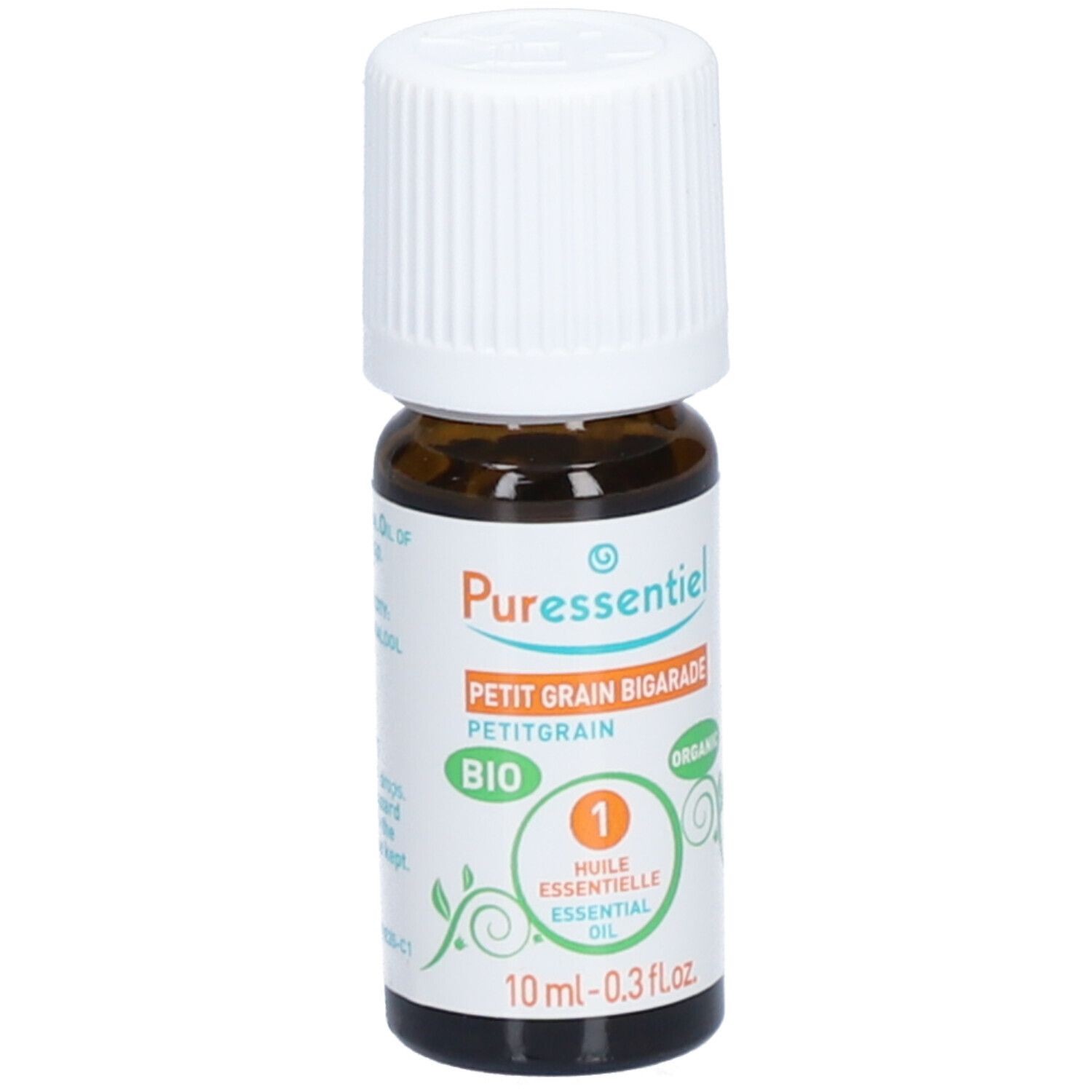 Braune Glasflasche mit weißem Deckel. Etikett mit Produktnamen, BIO-Siegel und Inhaltsangaben. 10 ml.