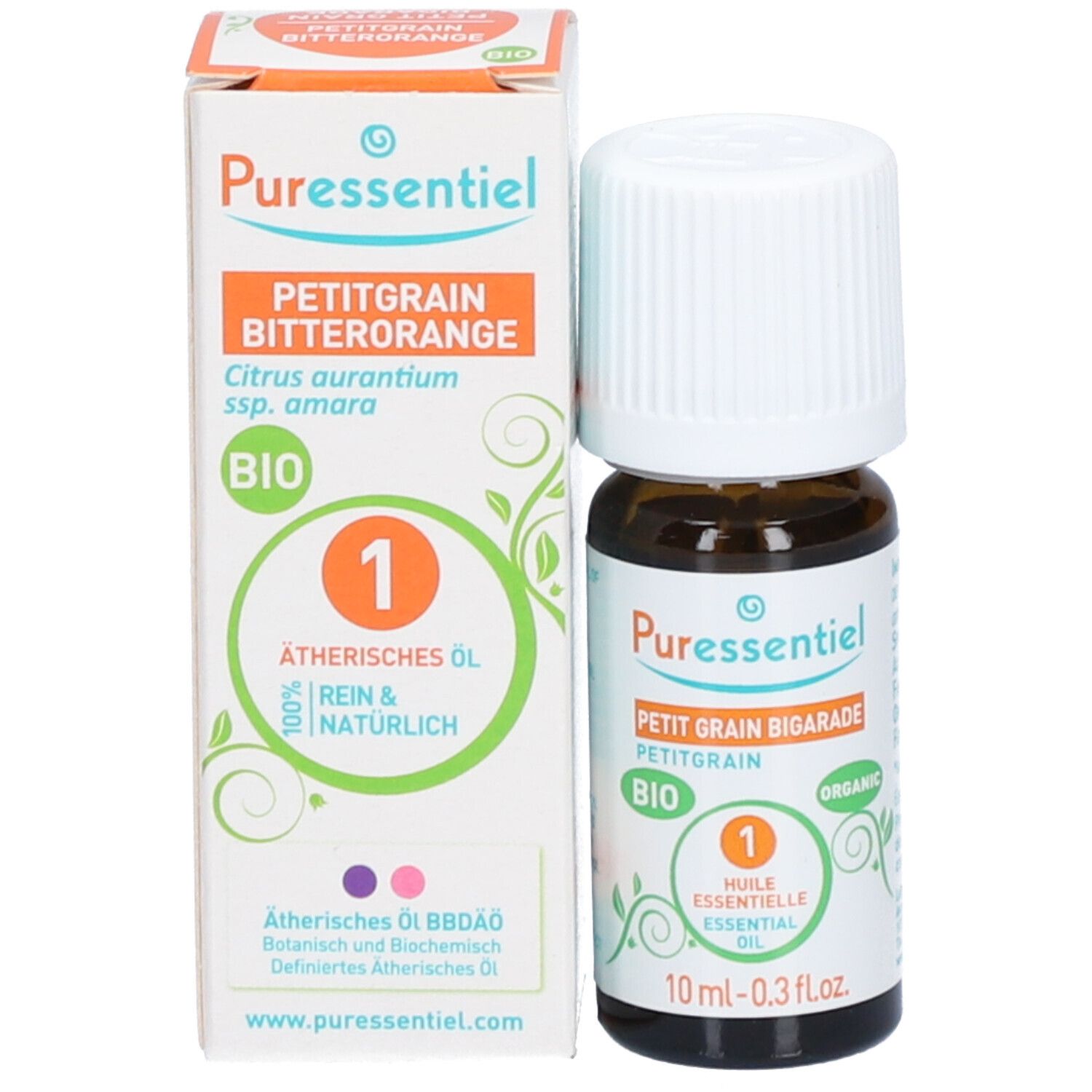 Braune Glasflasche und Verpackung. Produktname, BIO-Siegel und Inhaltsangaben. 10 ml. Mit Verpackung.