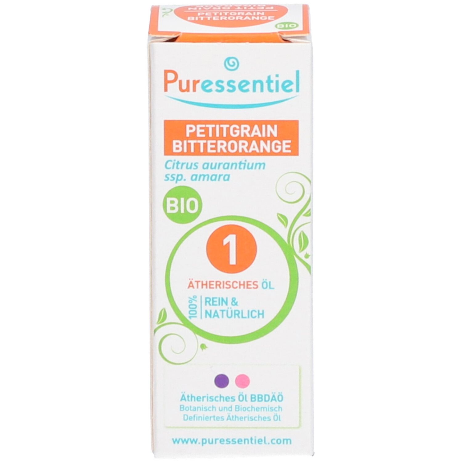 Verpackung mit Produktnamen, BIO-Siegel und Inhaltsangaben. Flasche nicht sichtbar. Weiß-orangefarben.