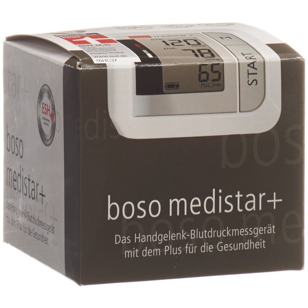 Blutdruckmessgerät Boso Medistar+ in Verpackung. Anzeige mit Werten. ESH-Zertifizierung.