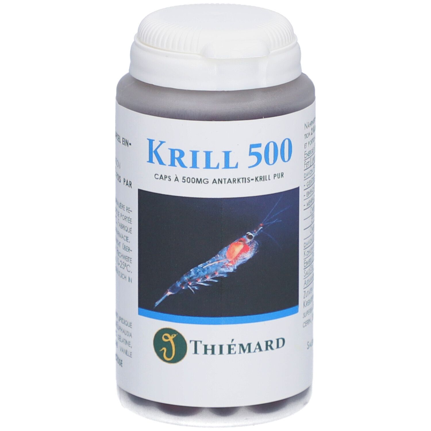 Graue Flasche mit weißem Deckel. Aufschrift: Krill 500, Caps à 500mg Antarktis-Krill pur. Logo Thiemard. Abbildung eines Krills.