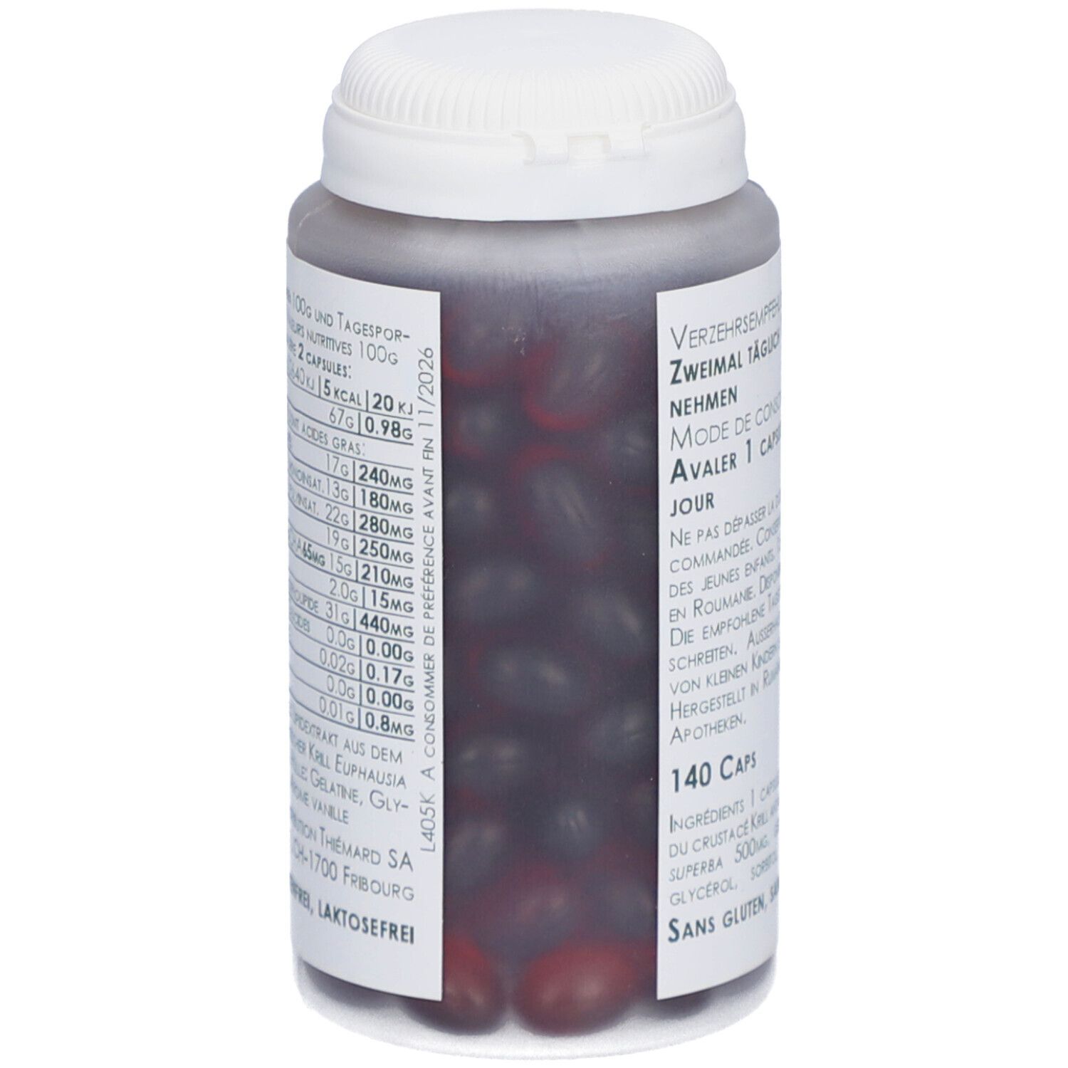 Graue Flasche mit weißem Deckel. Sichtbar sind rote Kapseln. Rückseite mit Text: Verzehrempfehlung, 140 Kapseln, Glutenfrei, Laktosefrei.