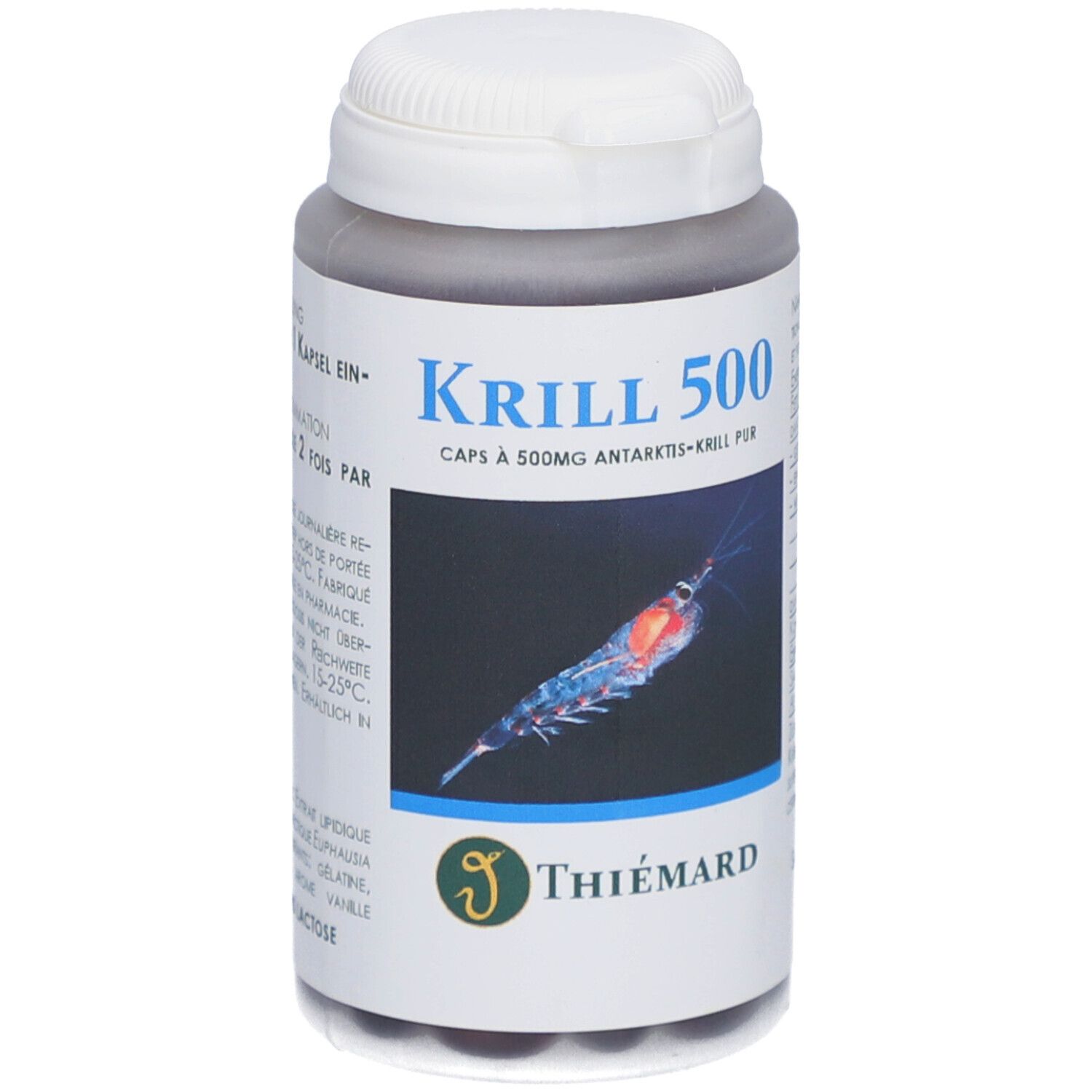Graue Flasche mit weißem Deckel. Aufschrift: Krill 500, Caps à 500mg Antarktis-Krill pur. Logo Thiemard. Abbildung eines Krills.