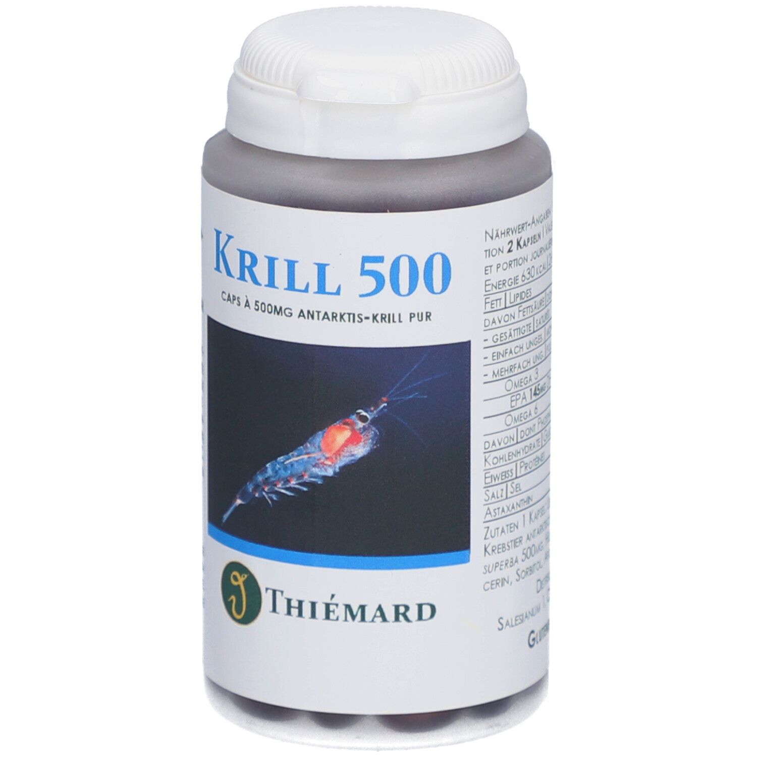 Graue Flasche mit weißem Deckel. Aufschrift: Krill 500, Caps à 500mg Antarktis-Krill pur. Logo Thiemard. Abbildung eines Krills.